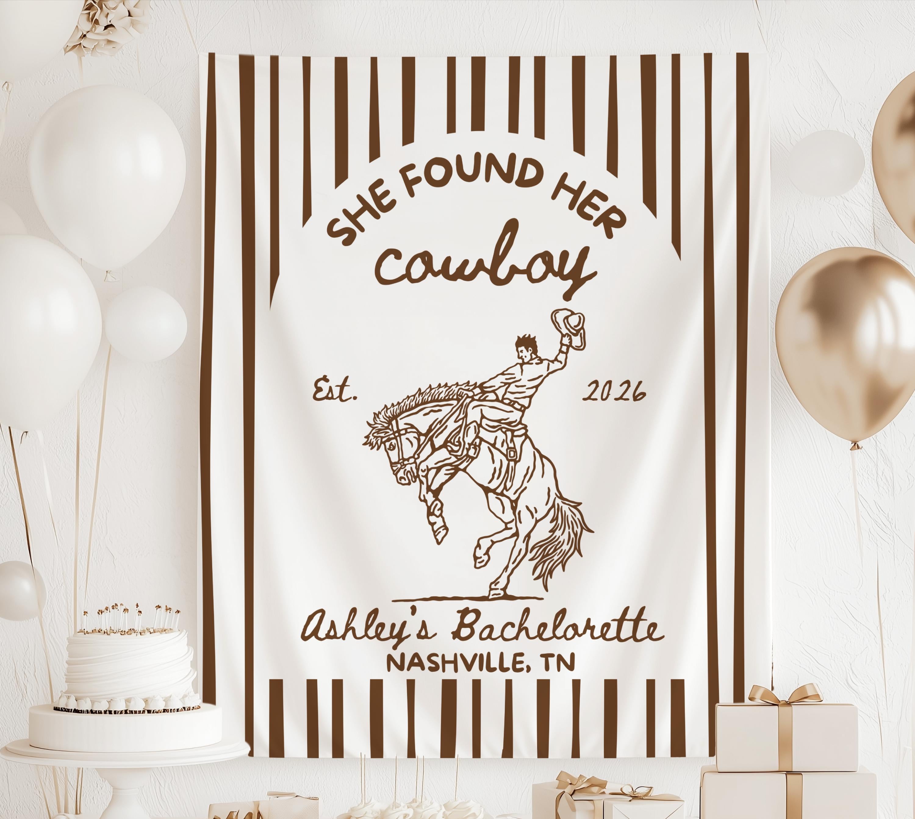 Personalized She Found Her Cowboy bachelorette banner with western striped design rodeo cowboy artwork and custom name for a Nashville bridal party

