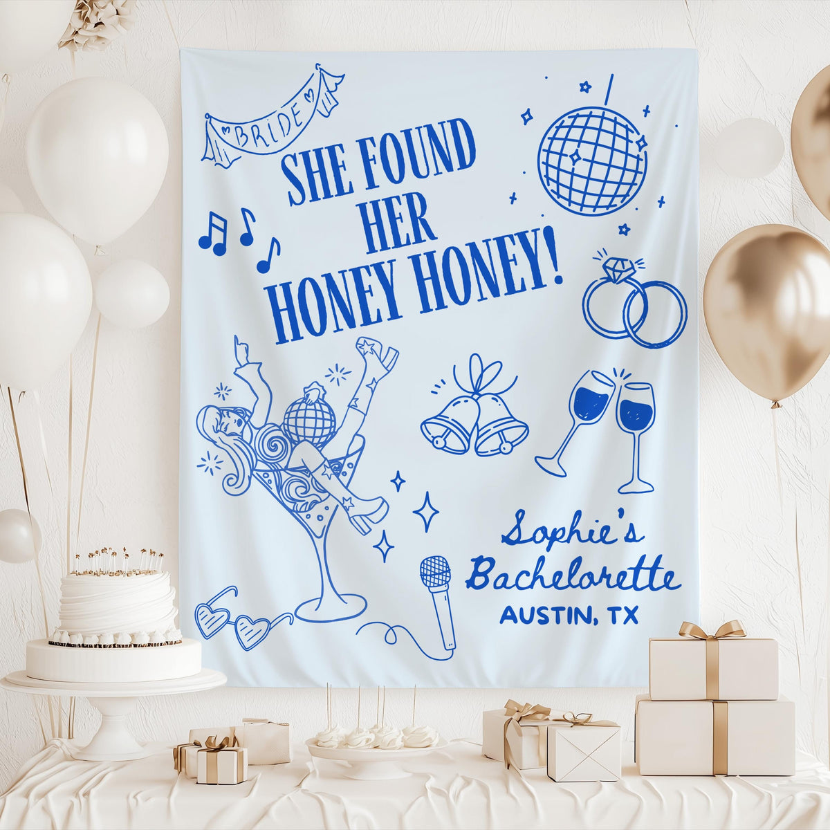 Custom She Found Her Honey Honey backdrop personalized with the bride's name and destination for a retro bachelorette weekend.