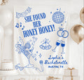 Personalized She Found Her Honey Honey bachelorette banner featuring disco, martinis, dancing bride and retro party illustrations.