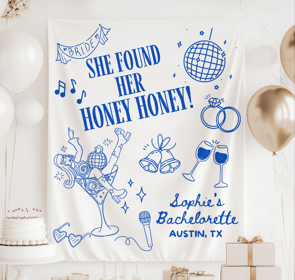 Personalized She Found Her Honey Honey bachelorette banner featuring disco, martinis, dancing bride and retro party illustrations.