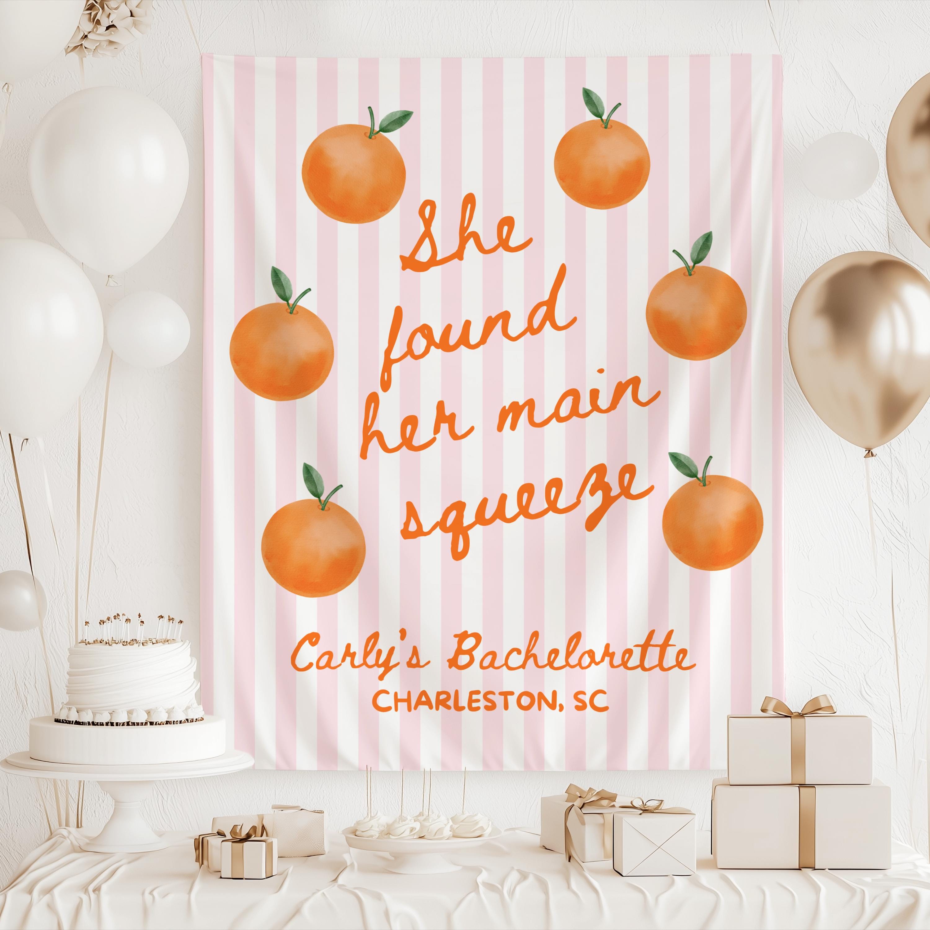 Custom She Found Her Main Squeeze banner for citrus themed bridal shower and engagement party decorations
