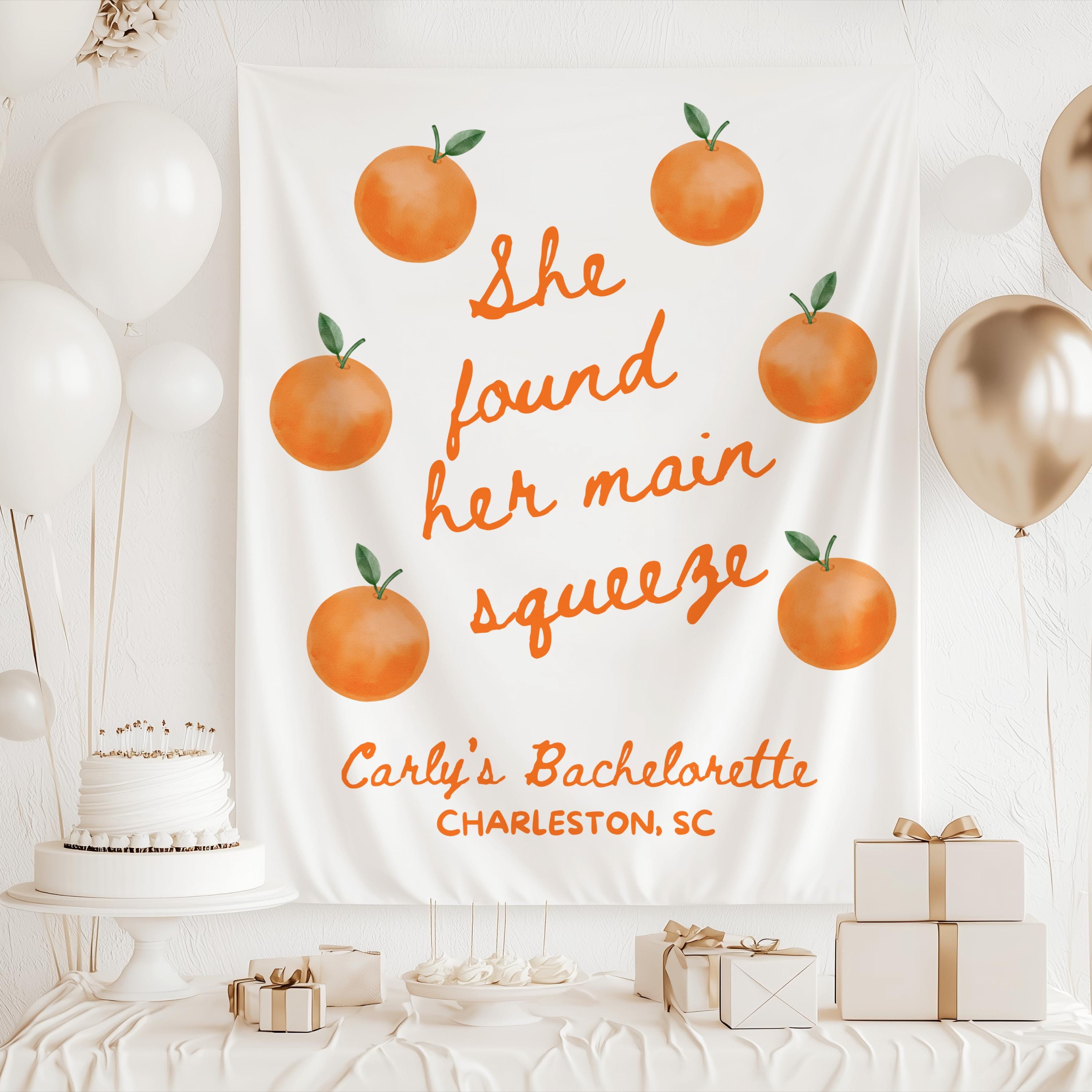 Personalized orange bridal shower banner for She Found Her Main Squeeze celebration and photo backdrop
