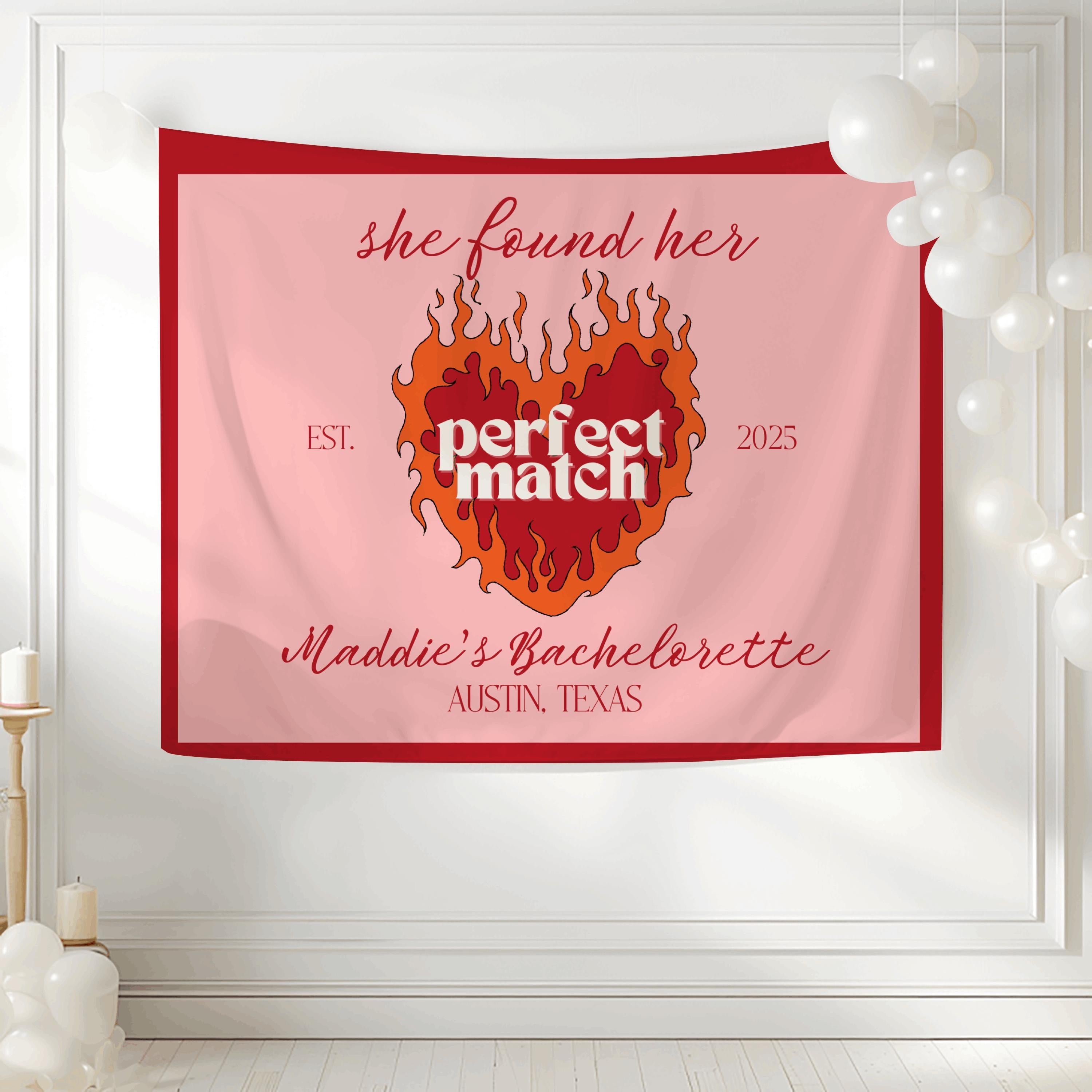 Personalized matchbook themed bachelorette banner with flaming heart design and custom event details
