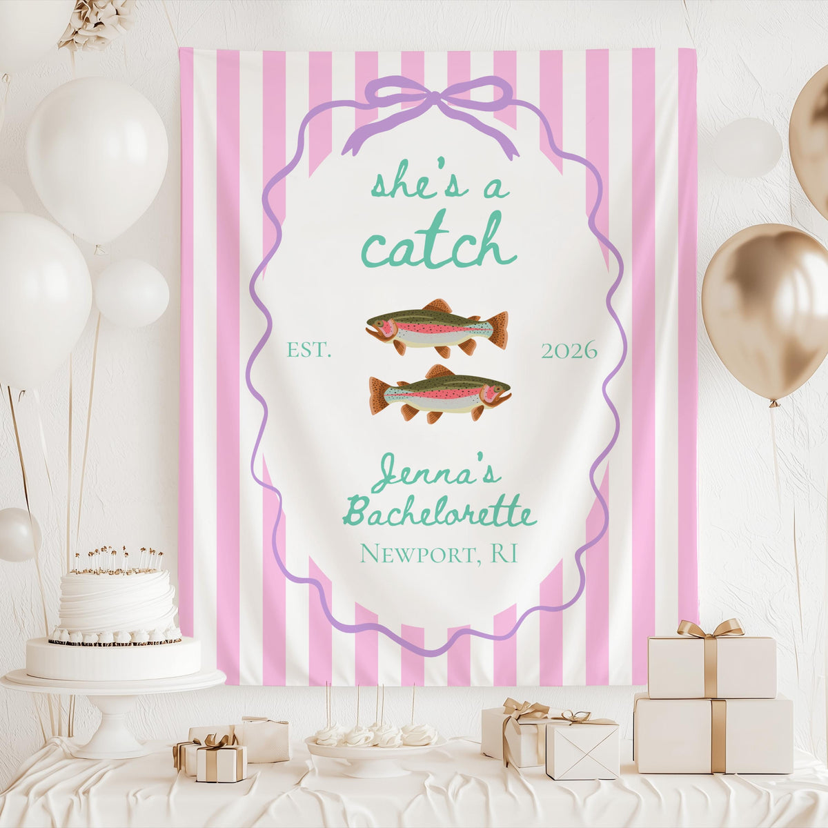 Custom She's a Catch banner for a fishing themed bachelorette party and girls weekend