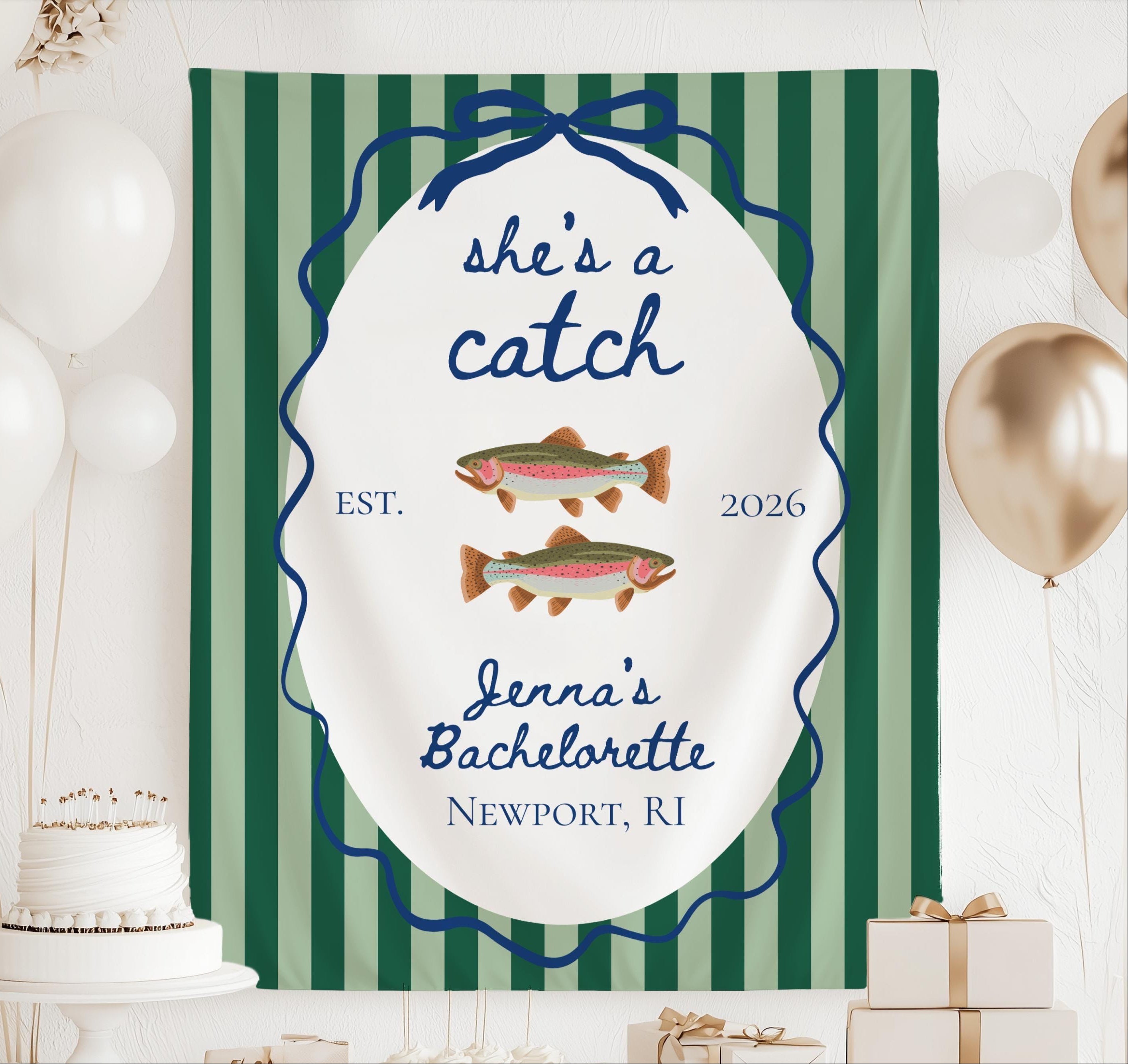 ersonalized She's a Catch bachelorette banner with fish design custom name lake destination and year