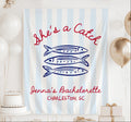Personalized She's a Catch coastal bachelorette banner with fish illustration custom name and destination