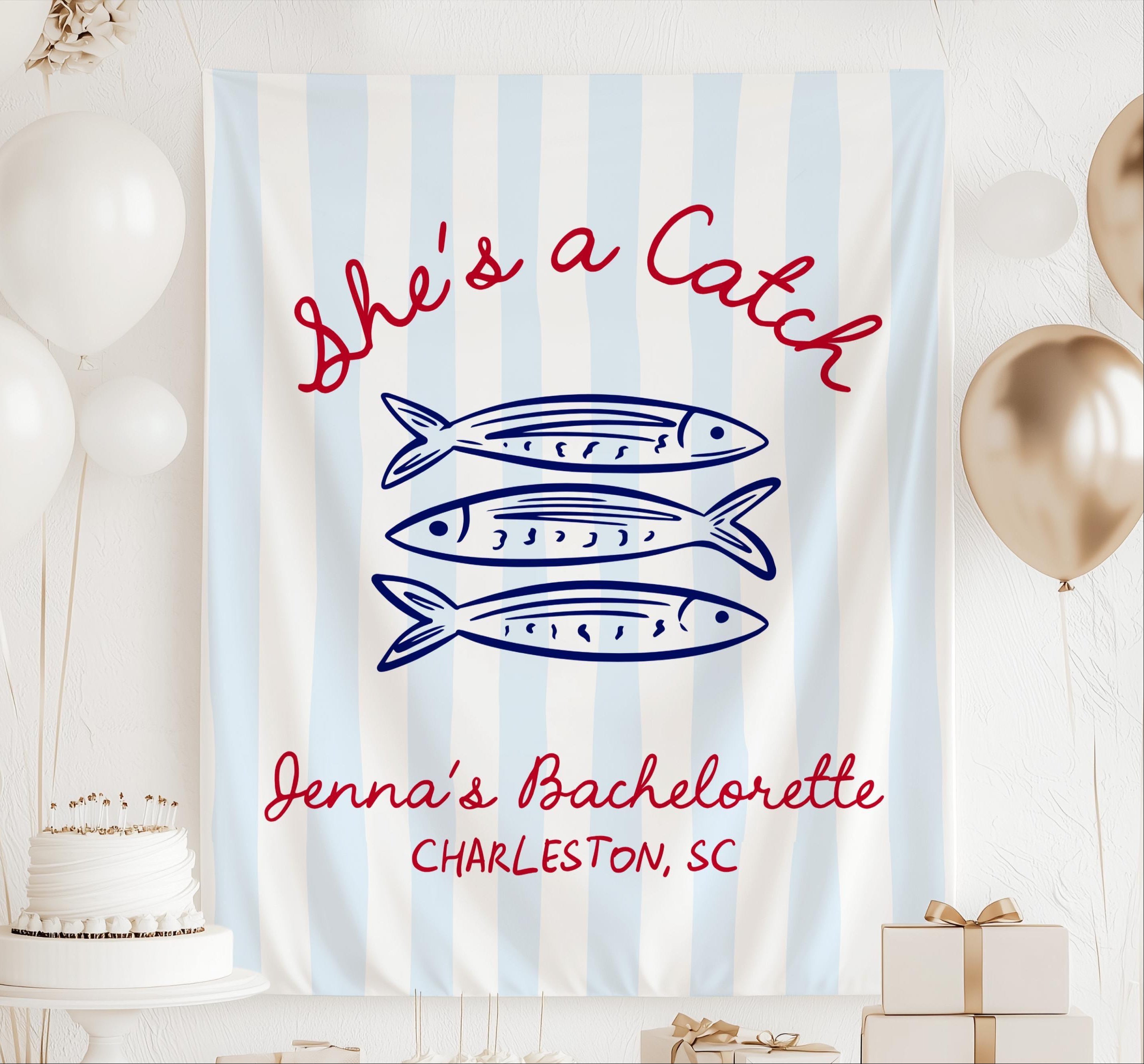 Personalized She's a Catch coastal bachelorette banner with fish illustration custom name and destination