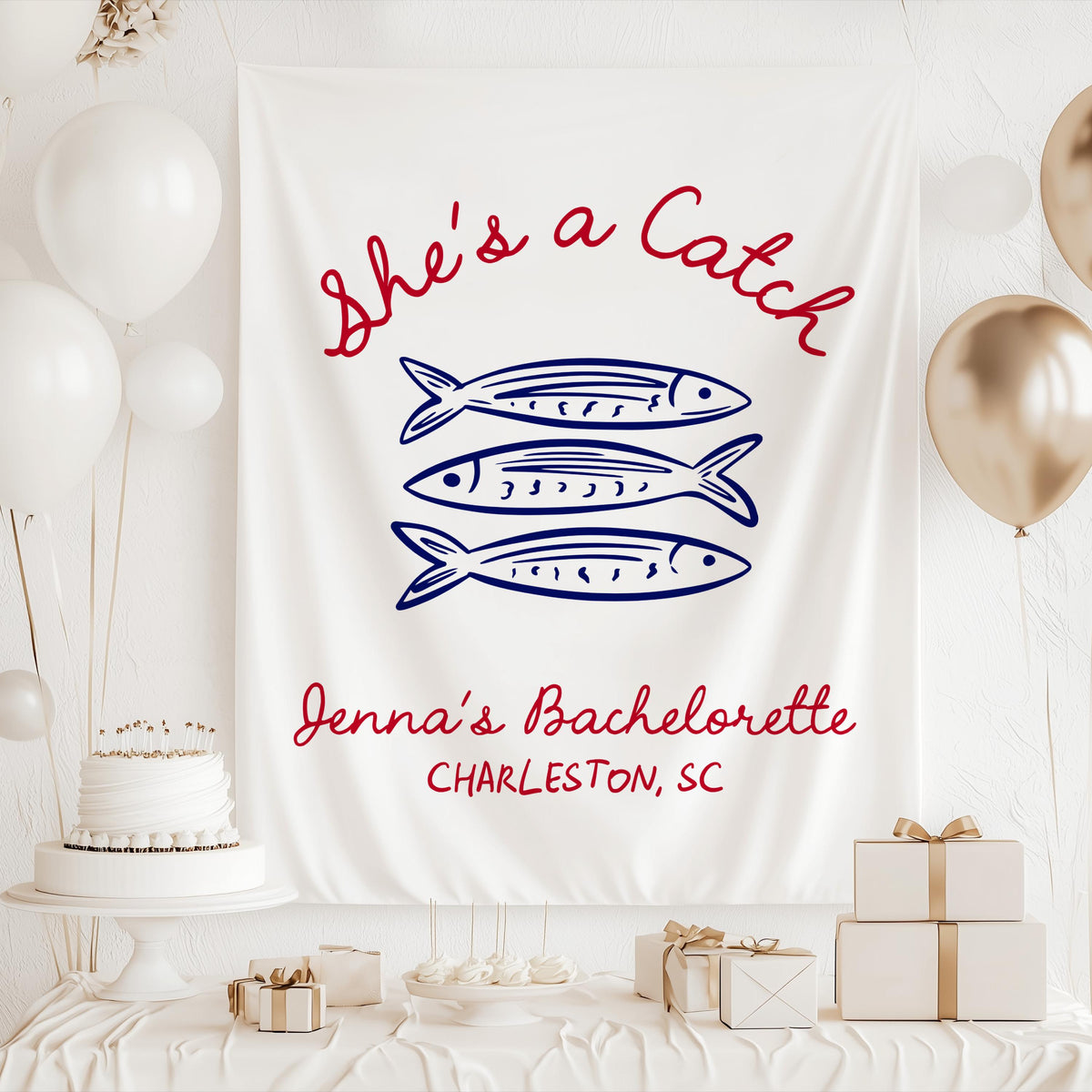Coastal themed She's a Catch banner for a beach bachelorette party and girls trip