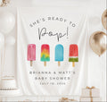 Personalized She's Ready to Pop baby shower banner with colorful popsicles and custom event details