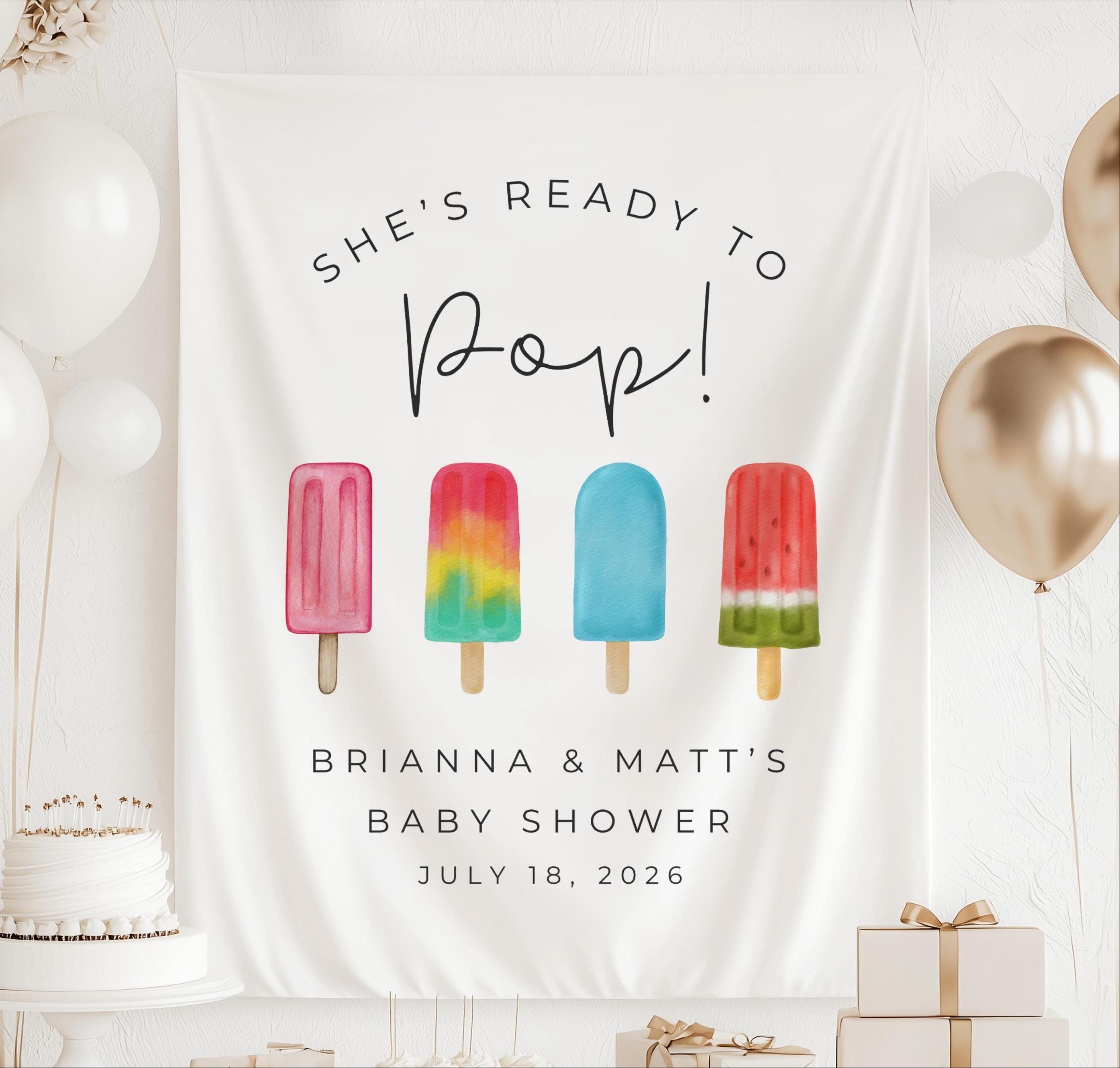 Personalized She's Ready to Pop baby shower banner with colorful popsicles and custom event details