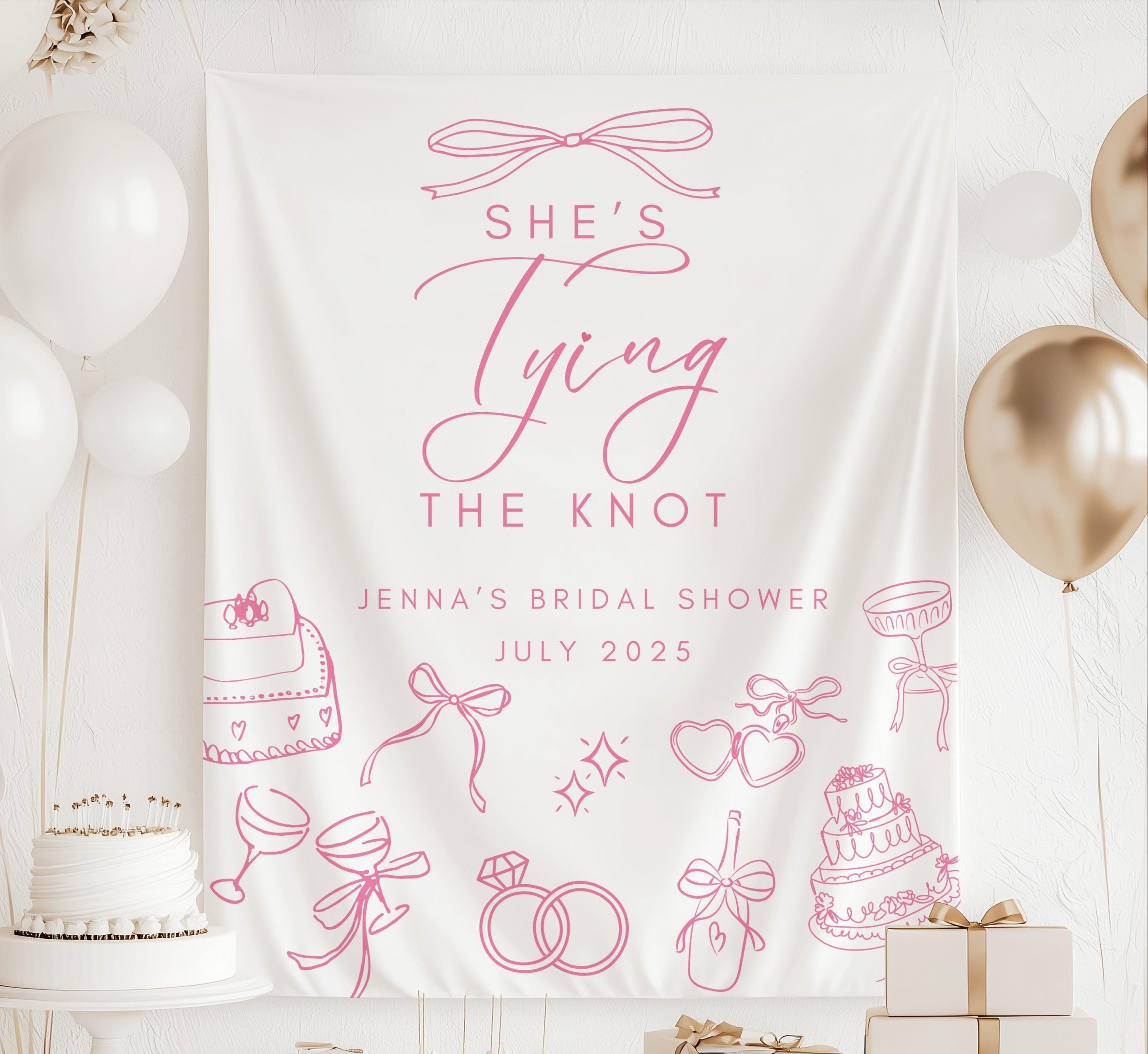 Personalized She's Tying the Knot bridal shower banner customized with the bride's name and event date