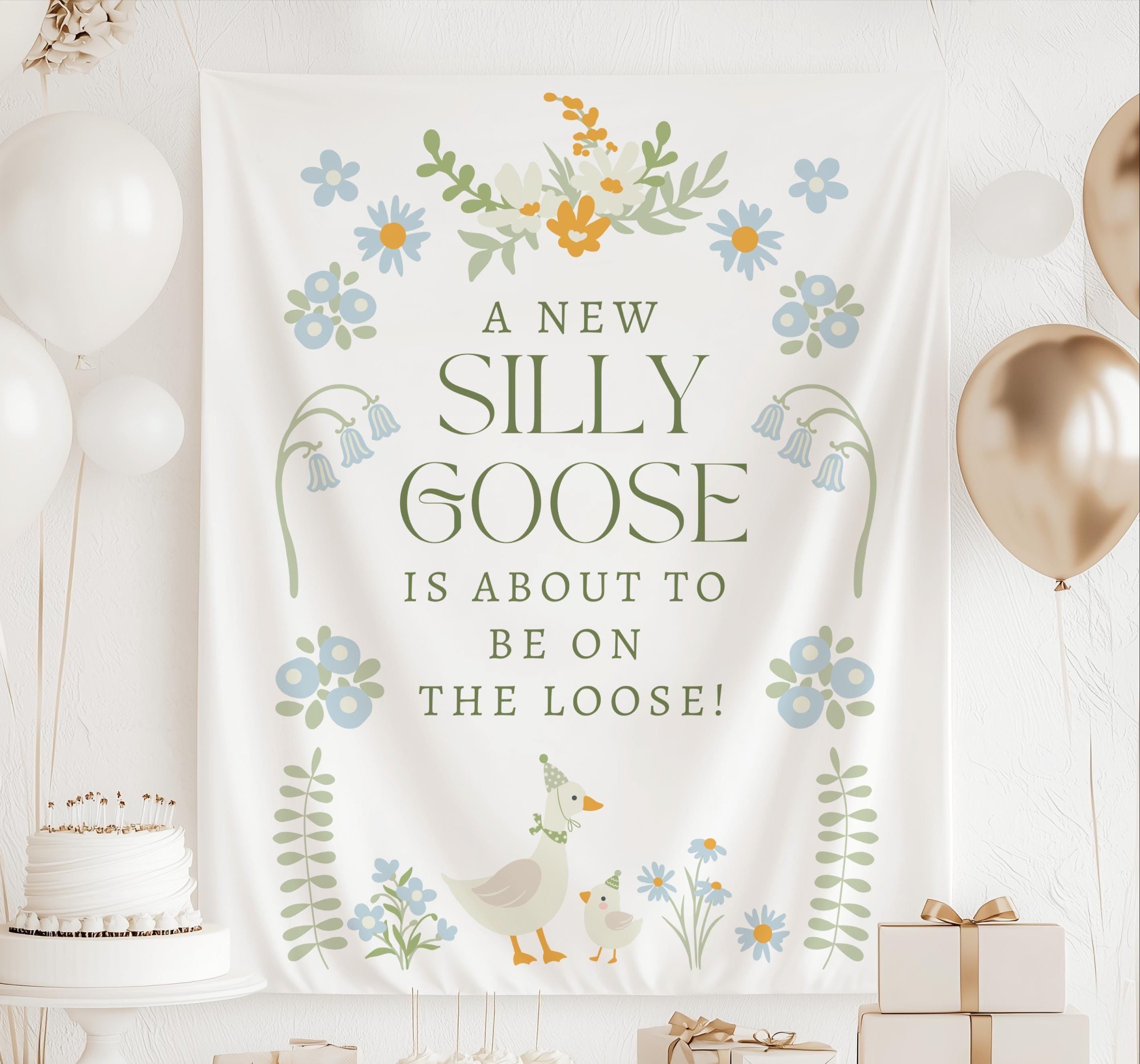 Personalized A New Silly Goose Is About to Be on the Loose baby shower banner with goose illustration