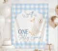 Custom One Silly Goose 1st birthday banner featuring a sweet goose holding a birthday balloon
