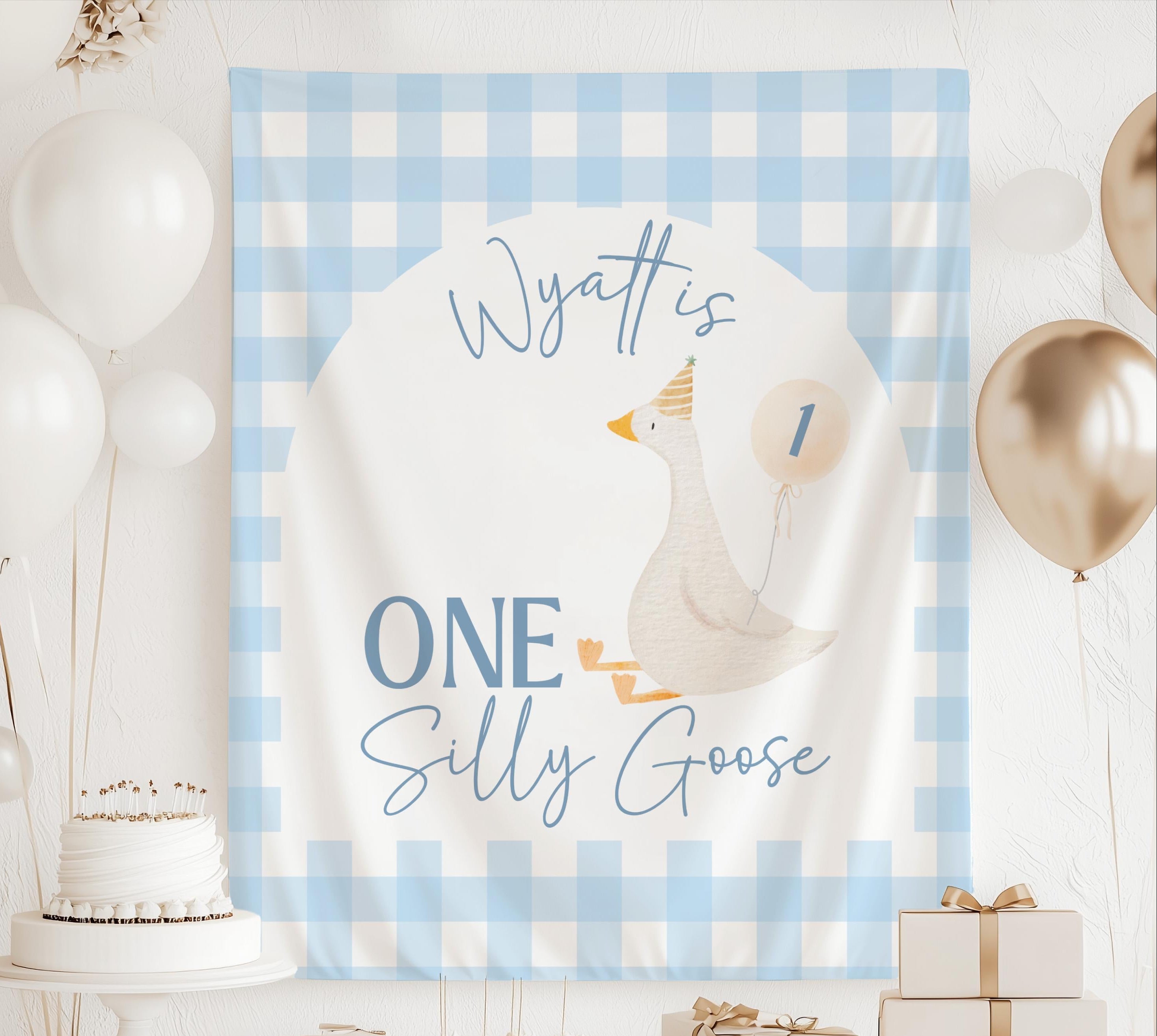 Custom One Silly Goose 1st birthday banner featuring a sweet goose holding a birthday balloon
