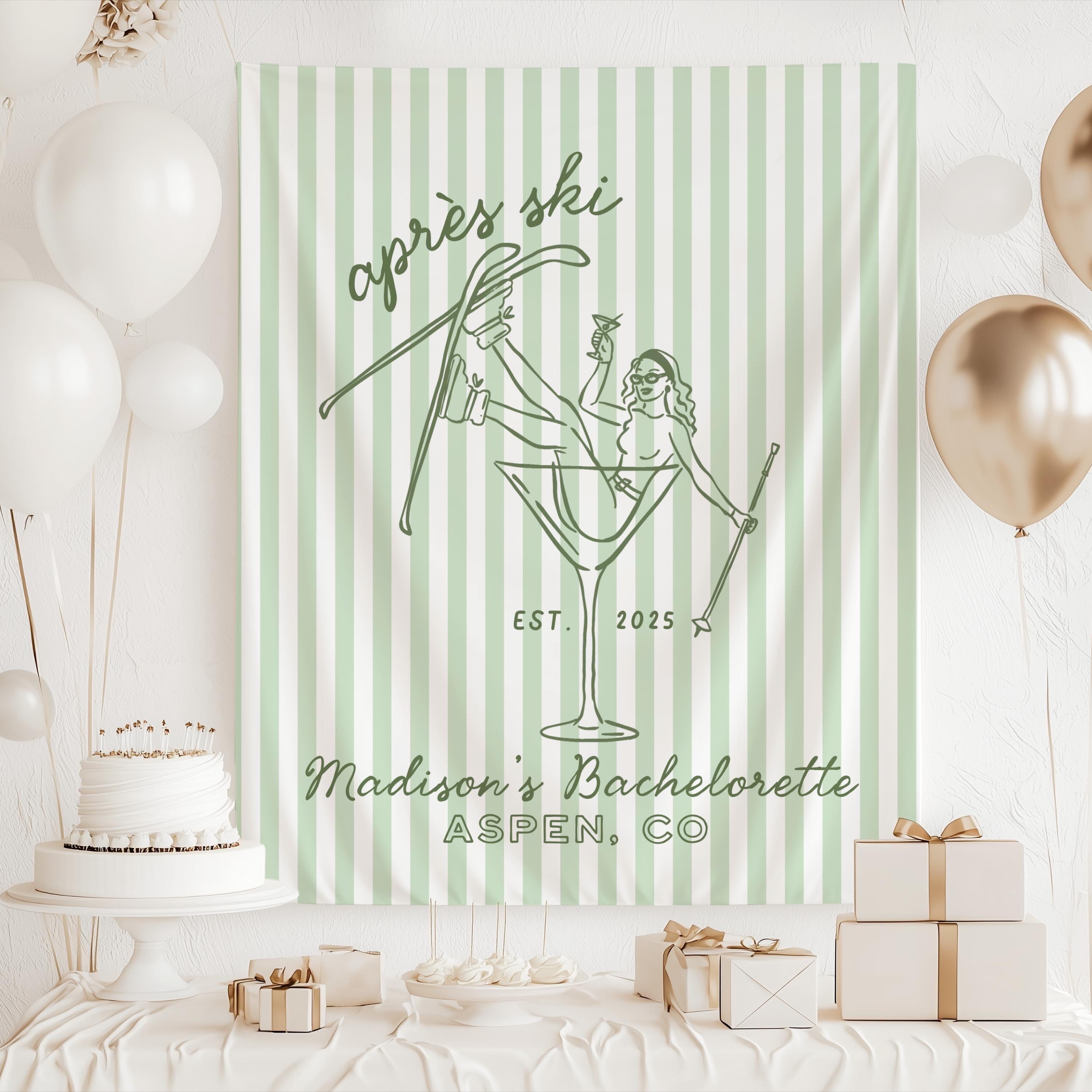Après Ski tapestry used as stylish ski bachelorette party decorations for a mountain getaway celebration.