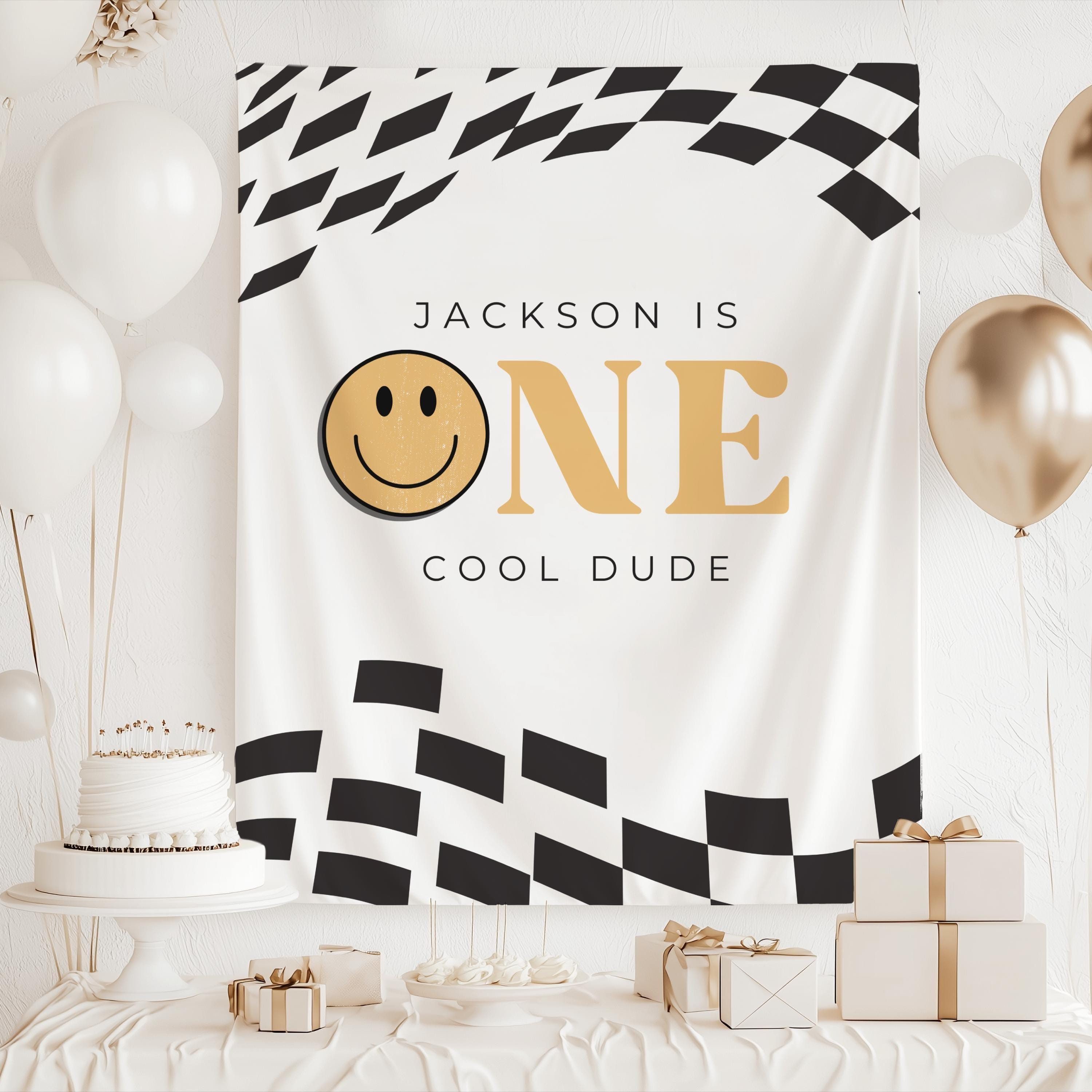 Personalized smiley face first birthday banner with checkered pattern and custom name