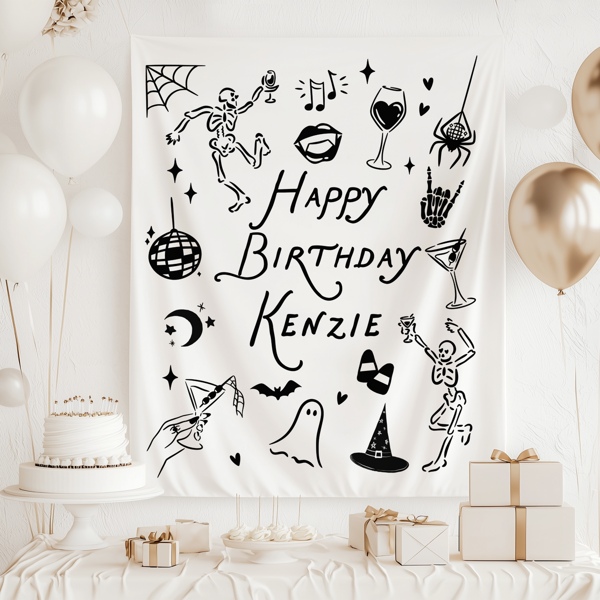 Spooky Halloween birthday party backdrop with ghosts skeletons martinis and disco ball details