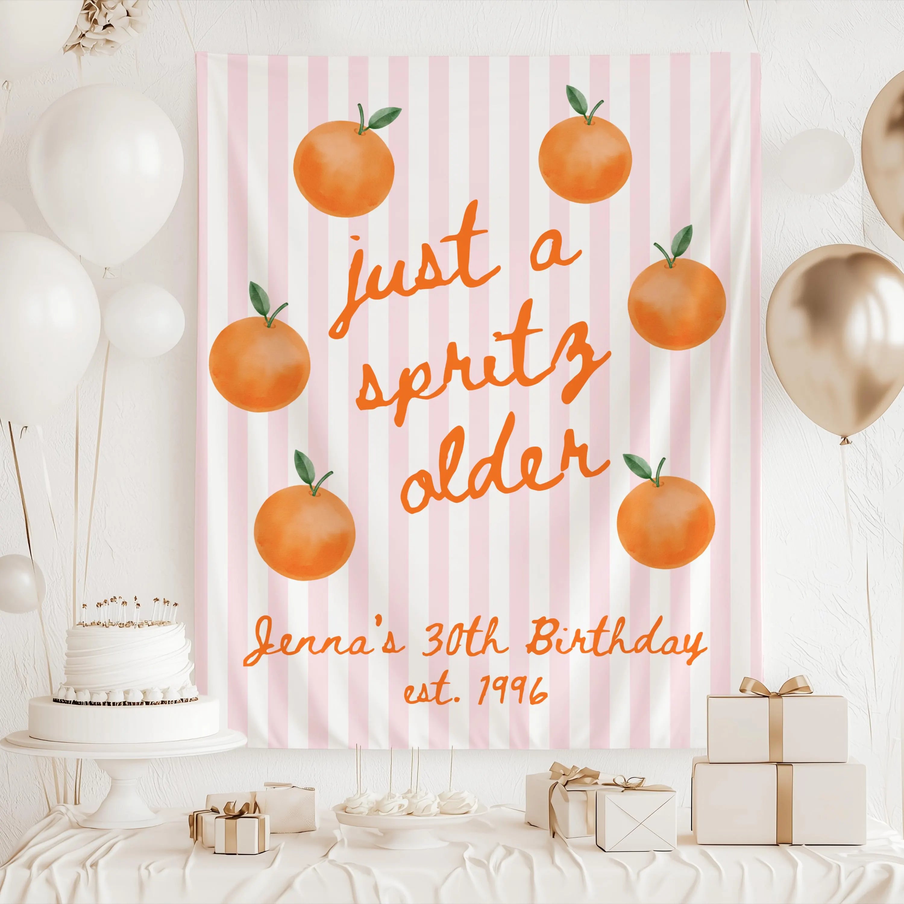 Custom birthday party tapestry with Just a Spritz Older design available in multiple colors and personalized for any age