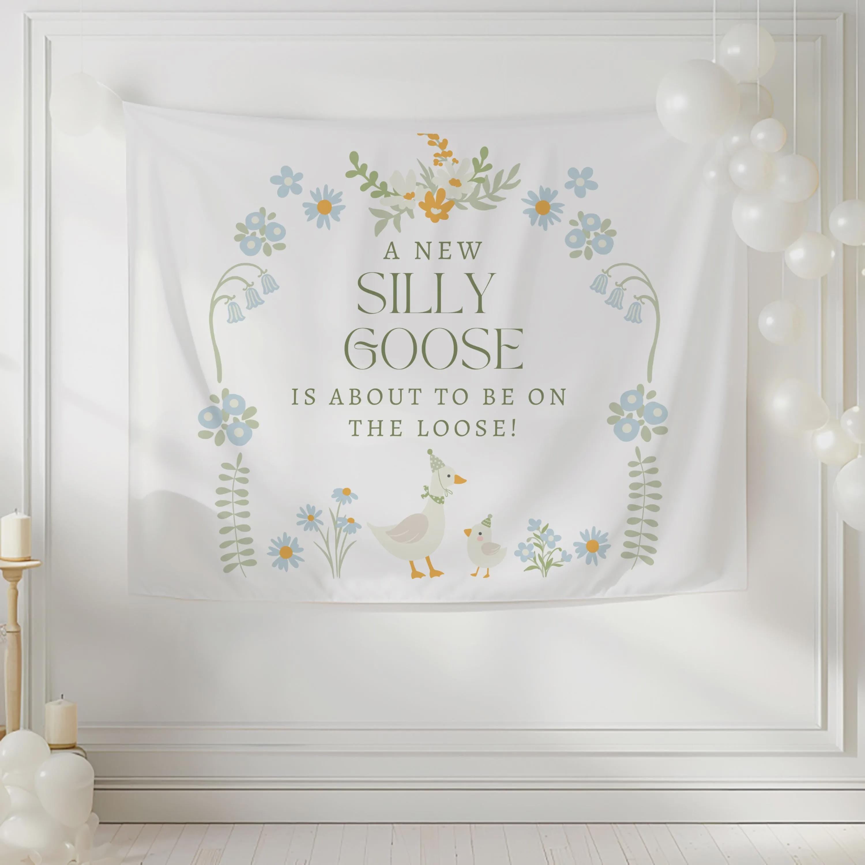 Storybook inspired Silly Goose baby shower banner with whimsical goose and floral design