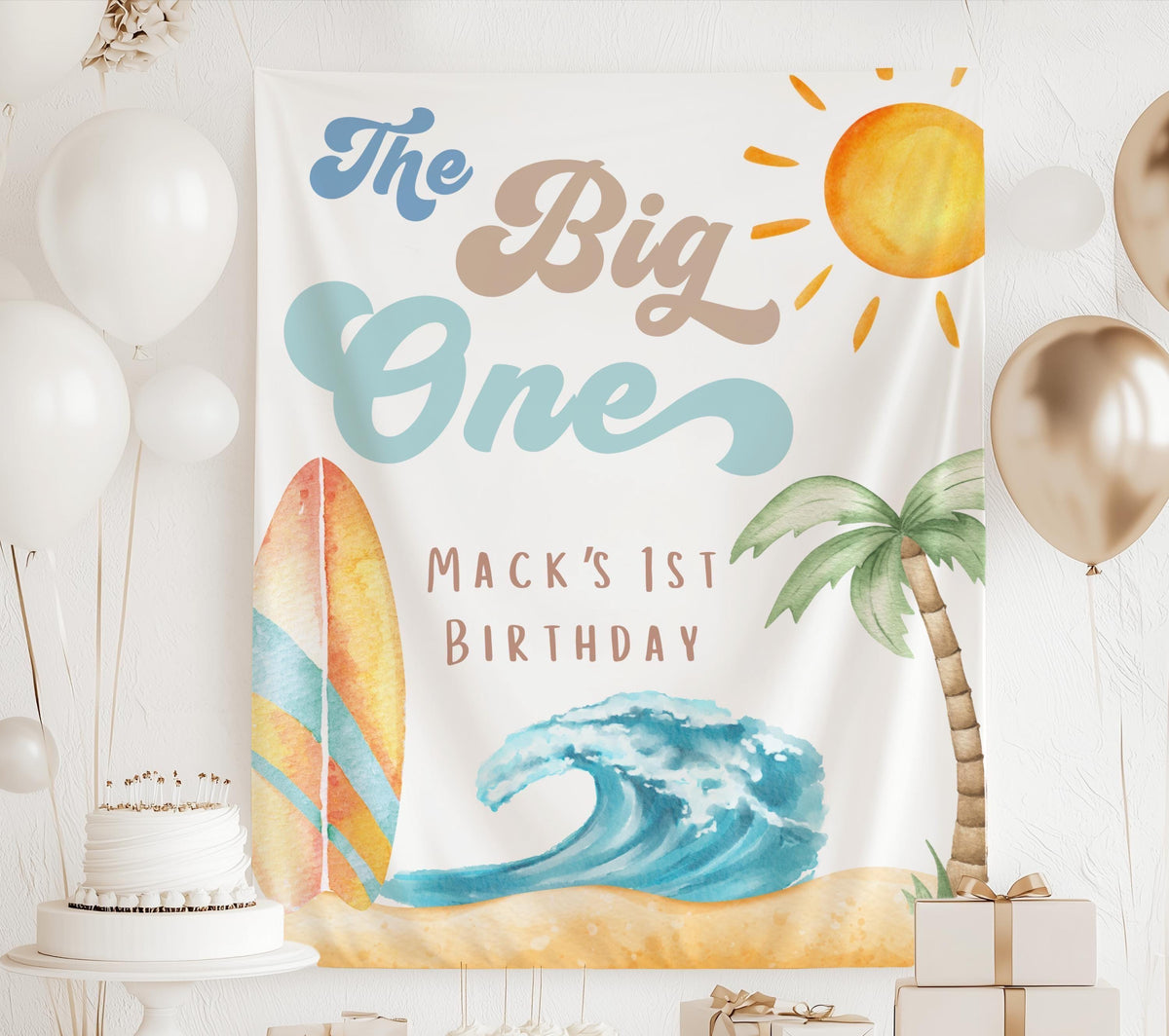 Custom surf first birthday backdrop featuring a surfboard ocean wave palm tree and sunshine
