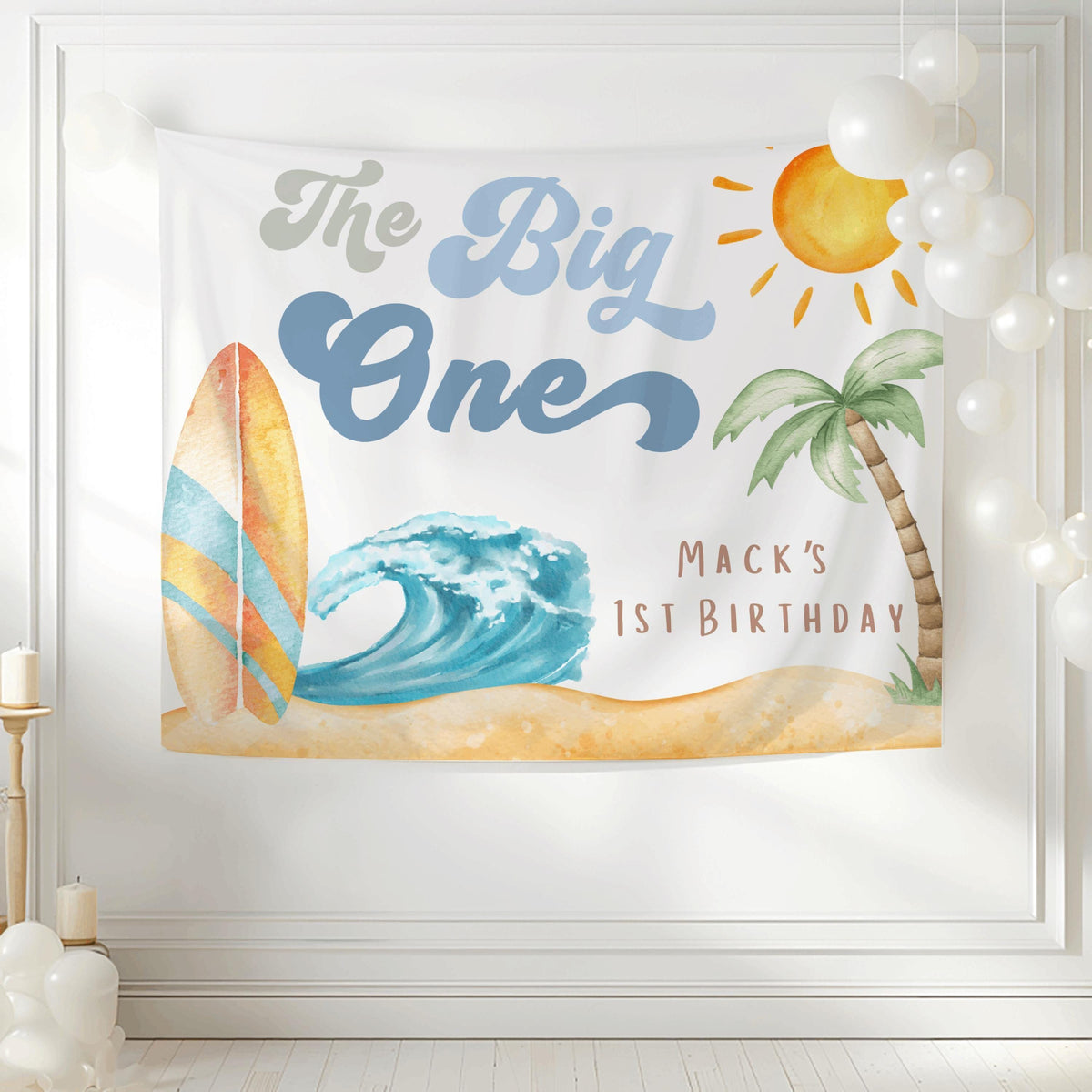 The Big One birthday banner featuring watercolor beach artwork and personalized first birthday details