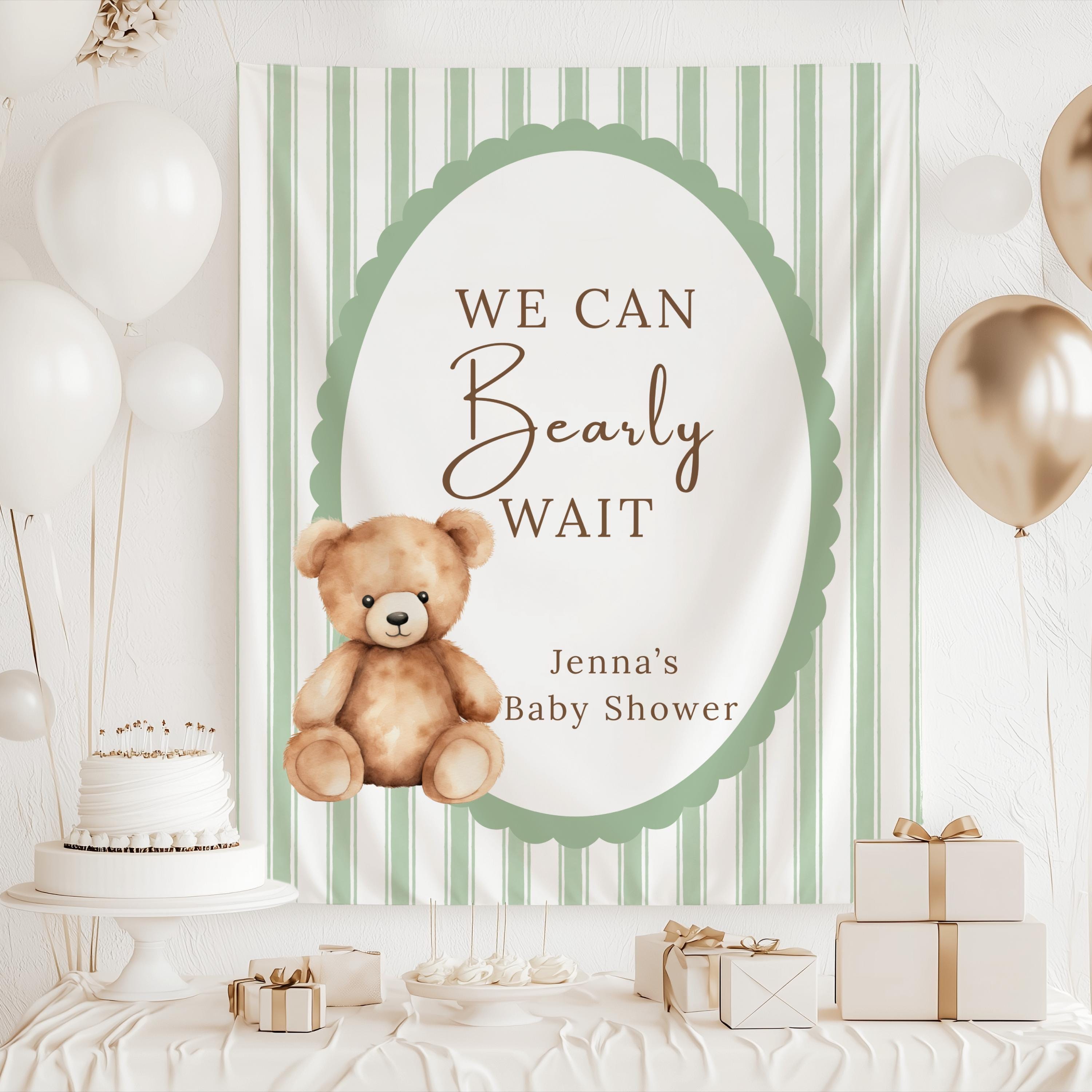 Custom teddy bear baby shower backdrop featuring a watercolor bear and personalized wording