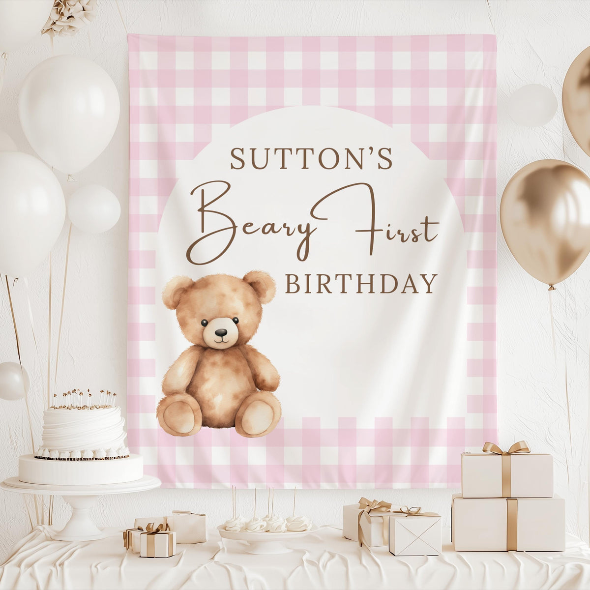 Custom teddy bear birthday backdrop for cake table decorations and first birthday party photos