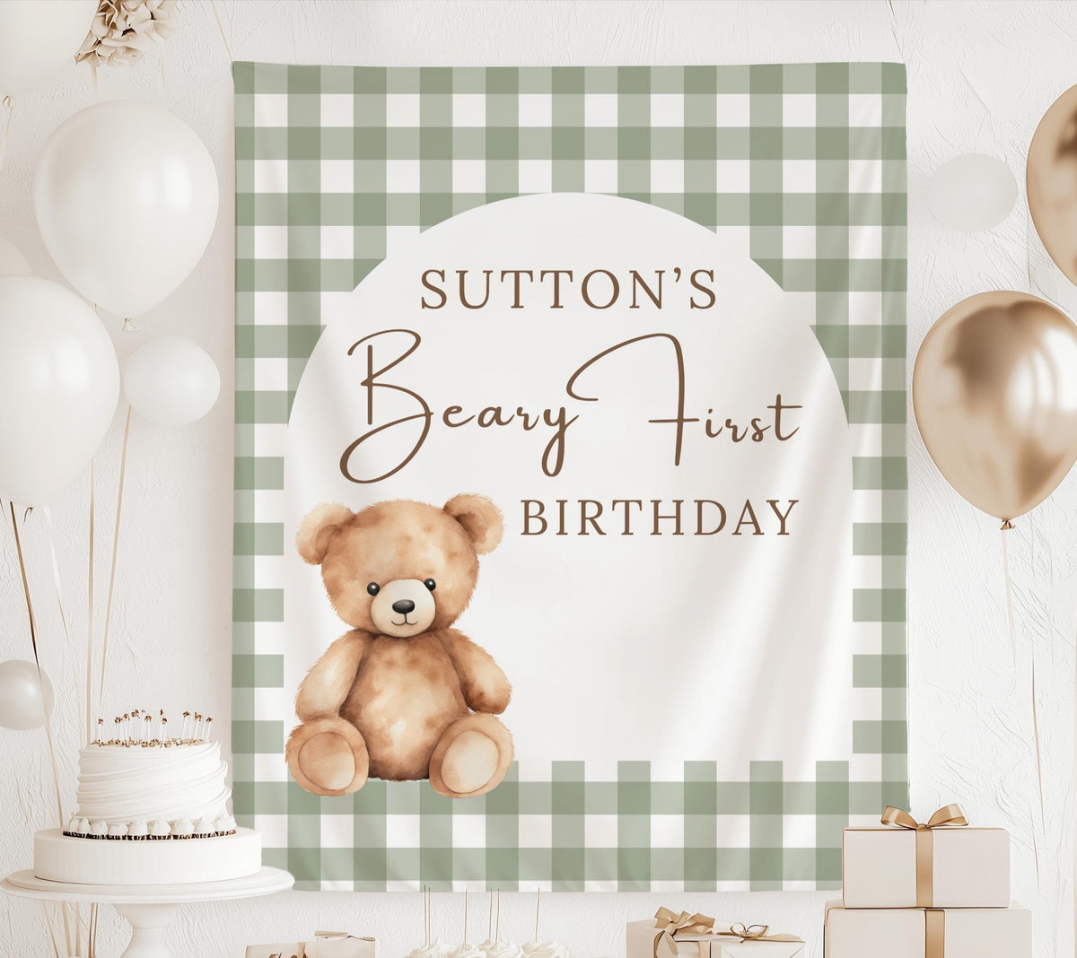 Custom teddy bear first birthday backdrop featuring an adorable bear and personalized party details