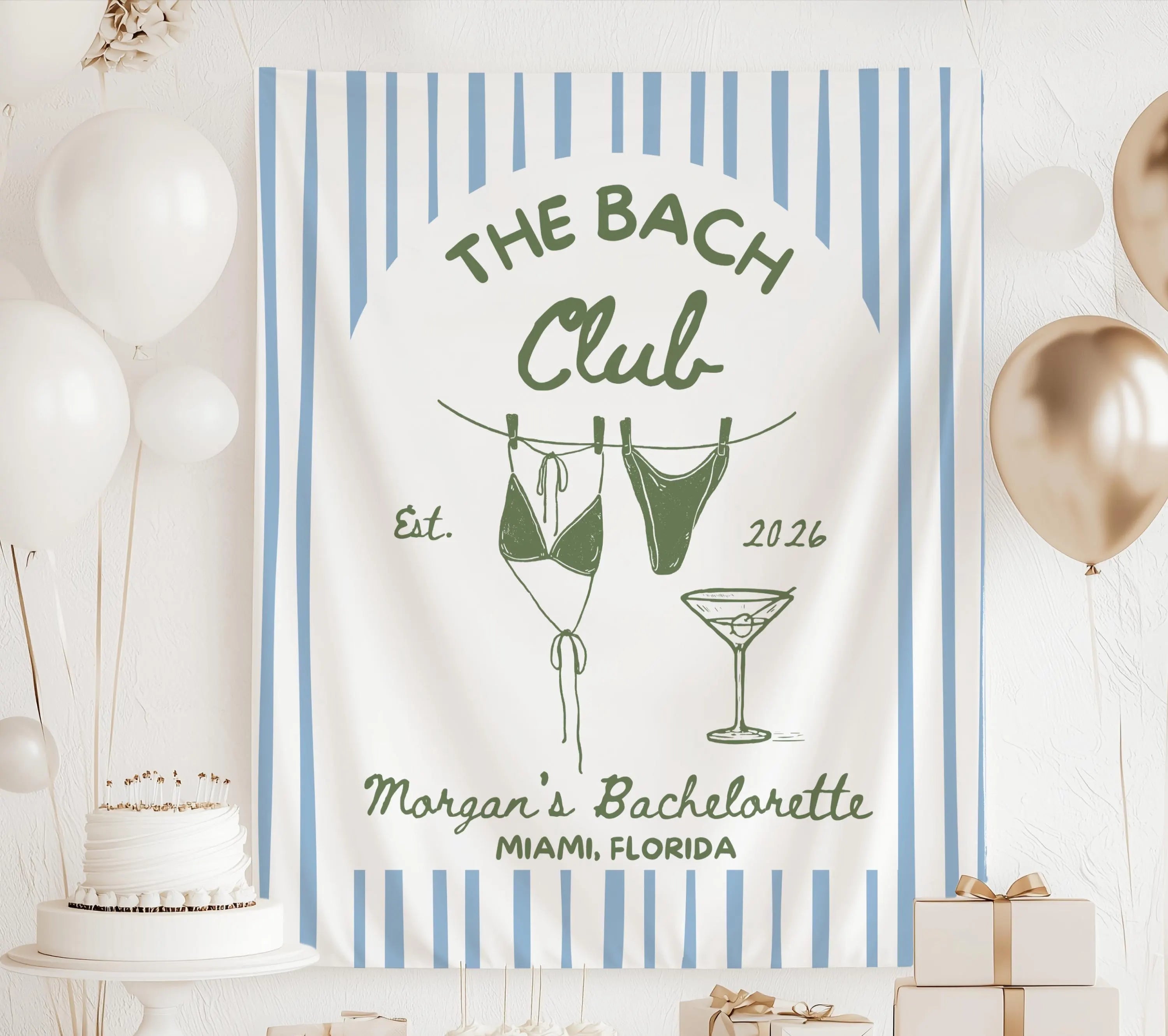 Custom The Bach Club bachelorette banner personalized with the bride's name, destination and beach inspired party decor.