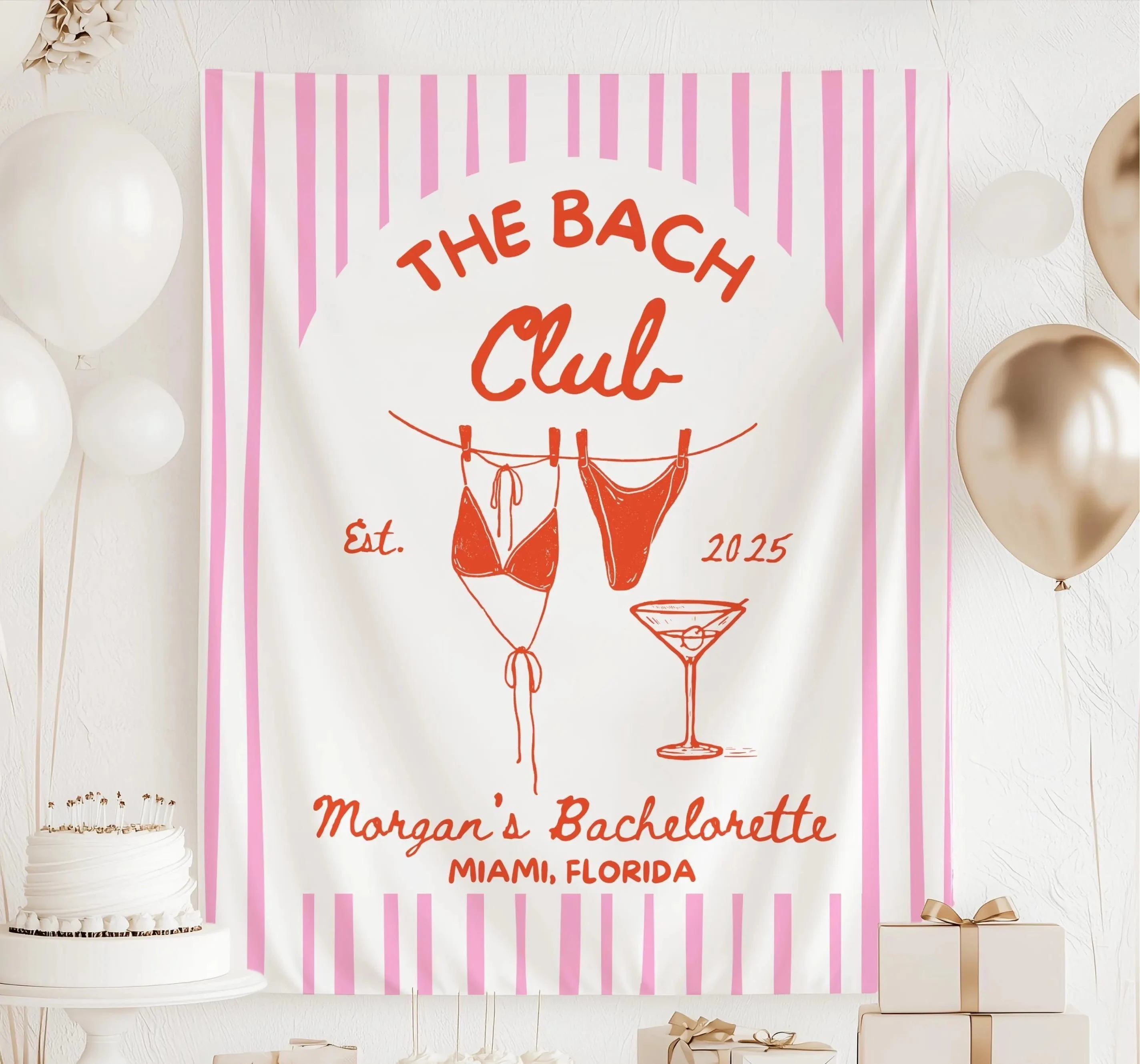 Personalized The Bach Club banner featuring hanging bikinis, martini illustration and striped beach bachelorette backdrop.