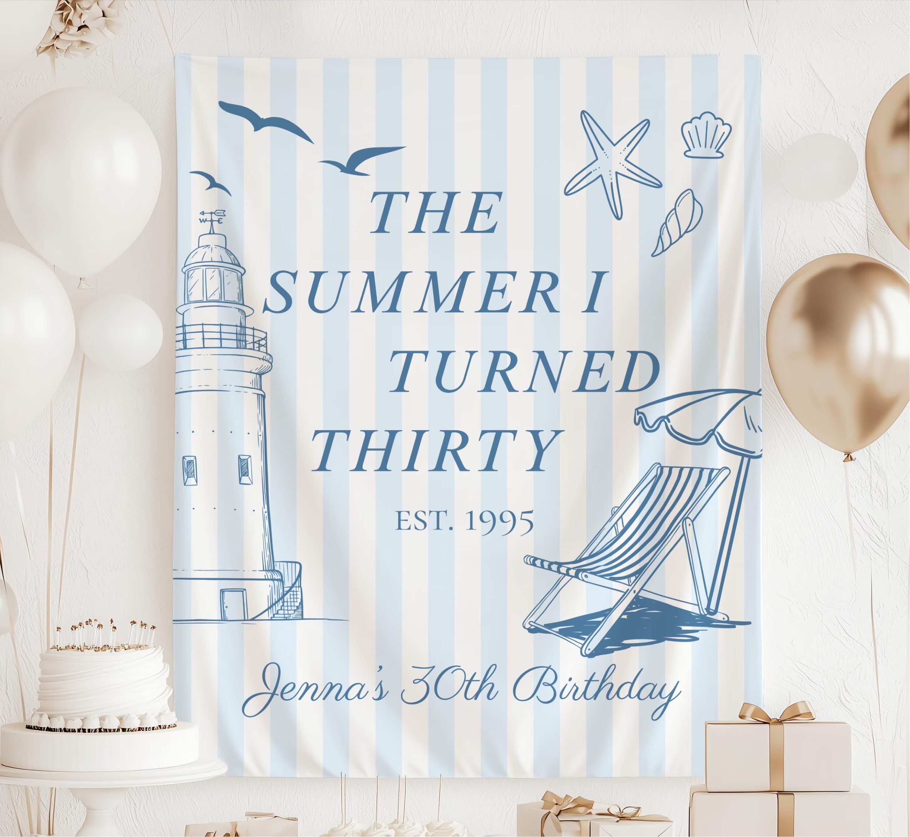 Personalized The Summer I Turned 30 birthday banner with custom name and birth year for a coastal birthday celebration