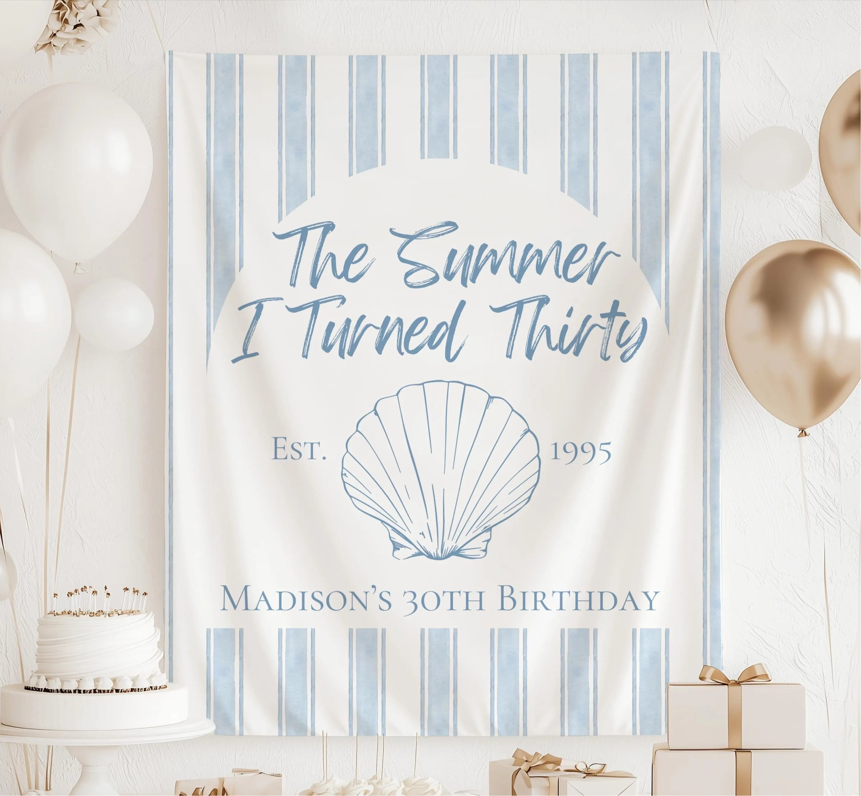 Personalized The Summer I Turned Thirty birthday banner with custom name birth year and coastal beach theme