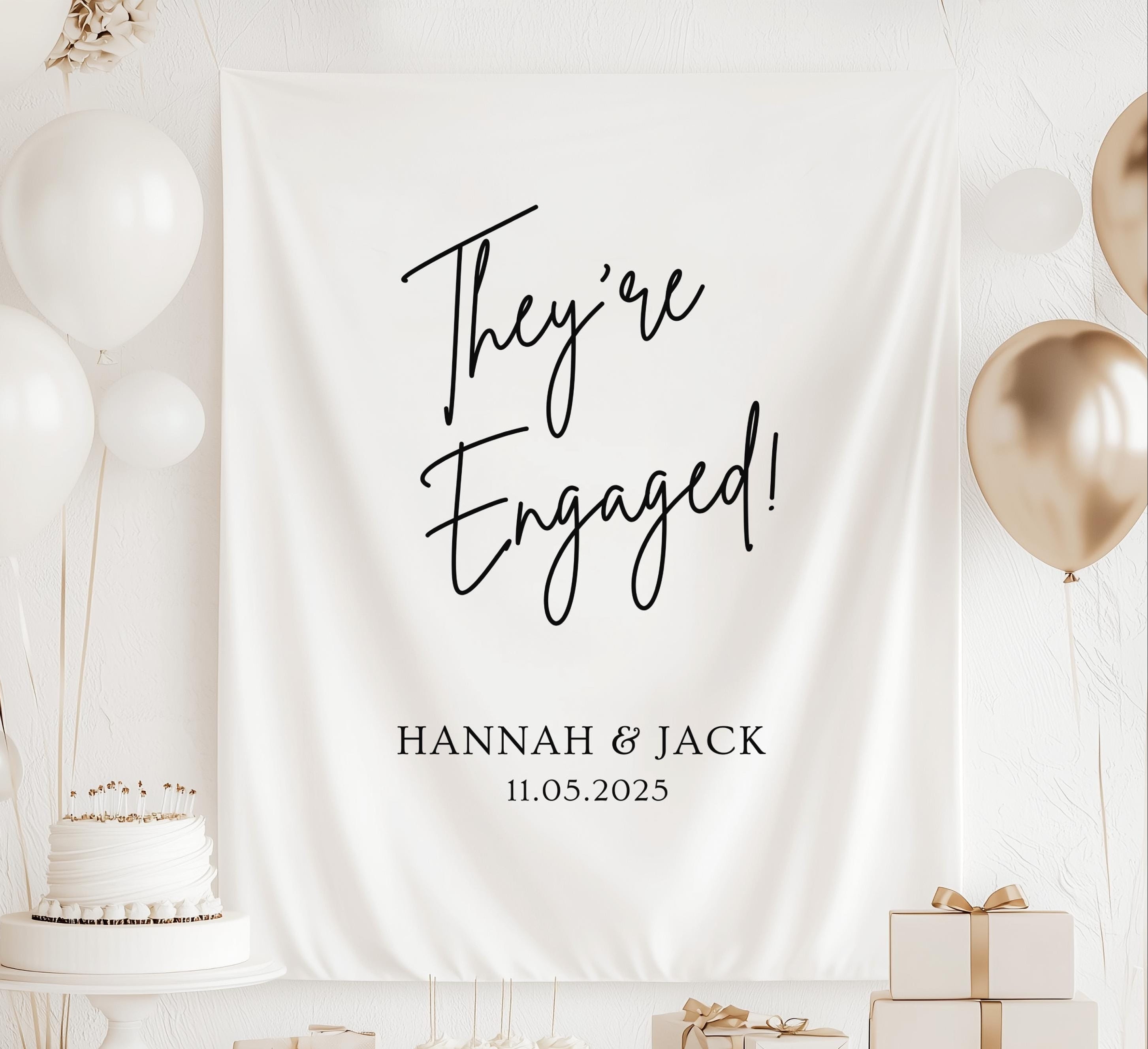 Personalized They're Engaged banner with custom names and engagement date