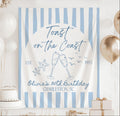 Personalized Toast on the Coast birthday banner featuring champagne flutes and coastal illustrations with custom birthday details
