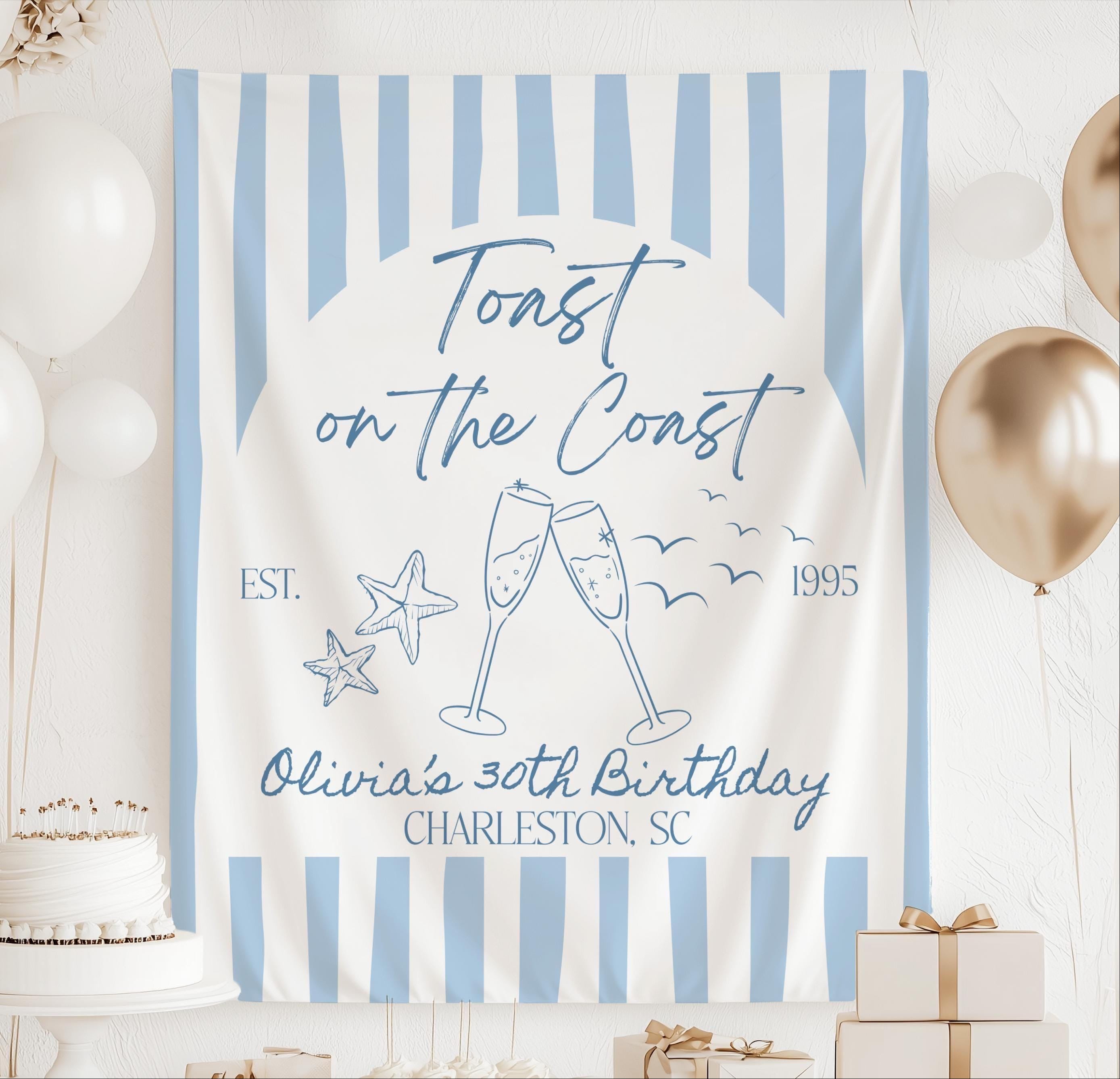 Personalized Toast on the Coast birthday banner featuring champagne flutes and coastal illustrations with custom birthday details
