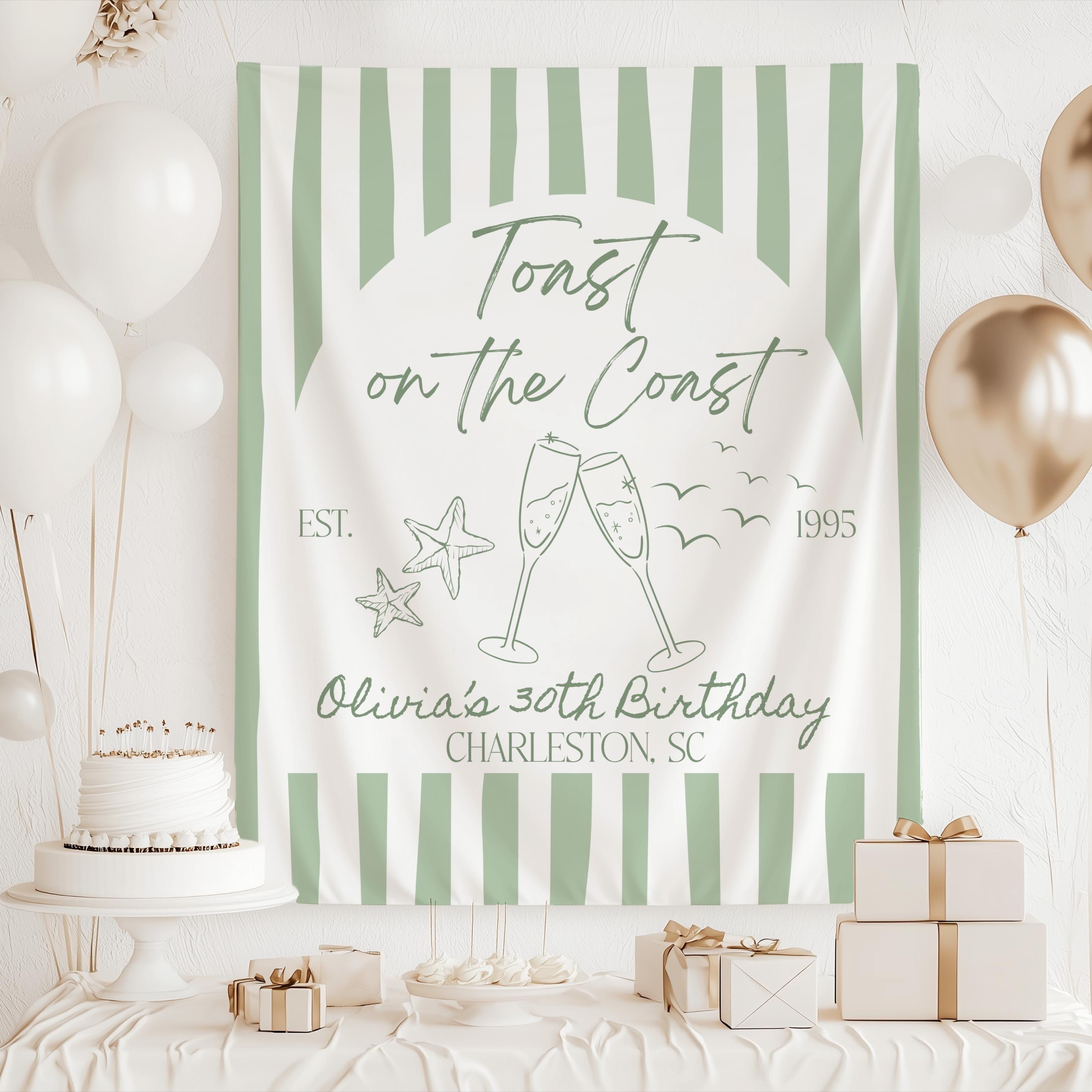 Toast on the Coast personalized beach birthday banner with custom name age and celebration details
