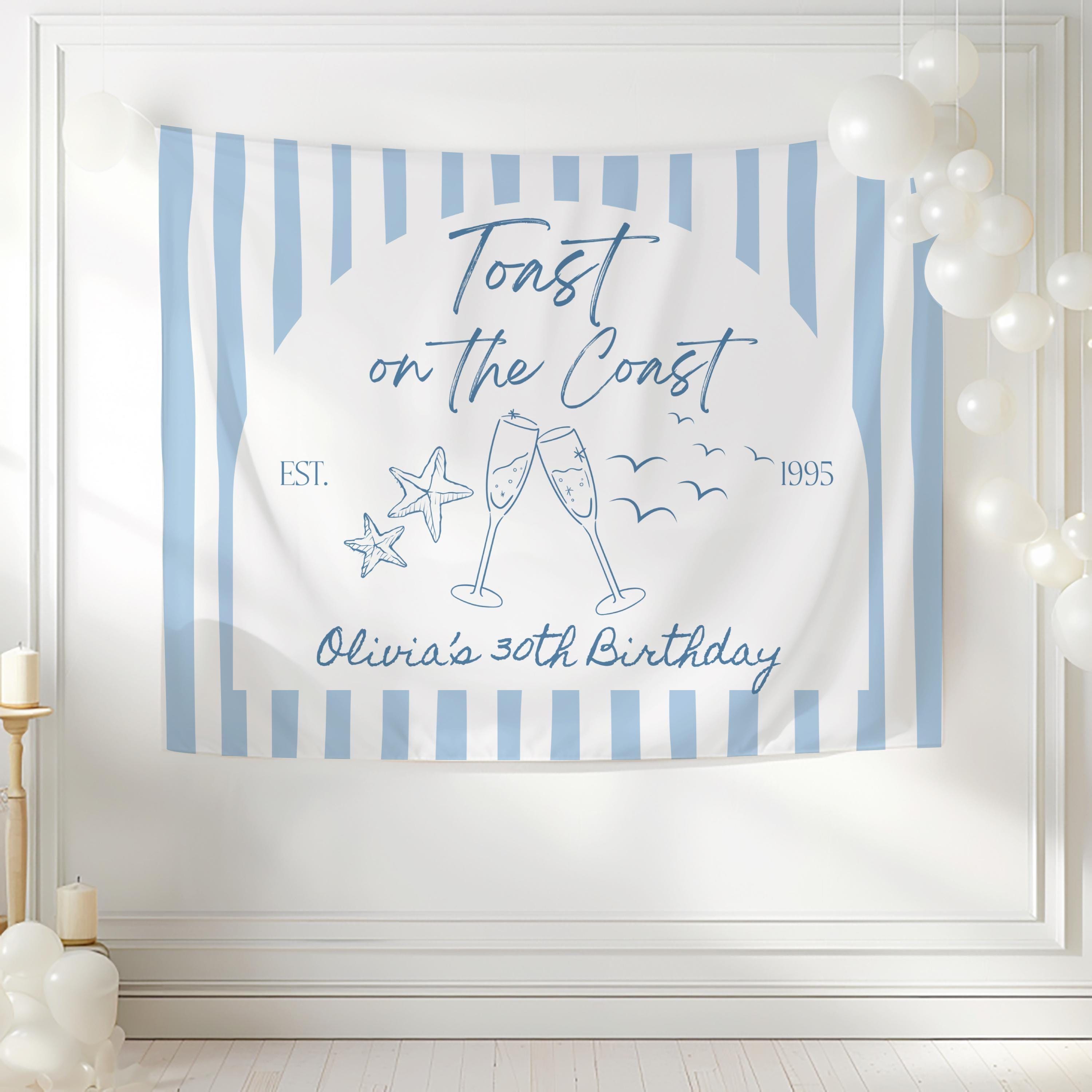 Coastal birthday banner with Toast on the Coast design and personalized birthday details
