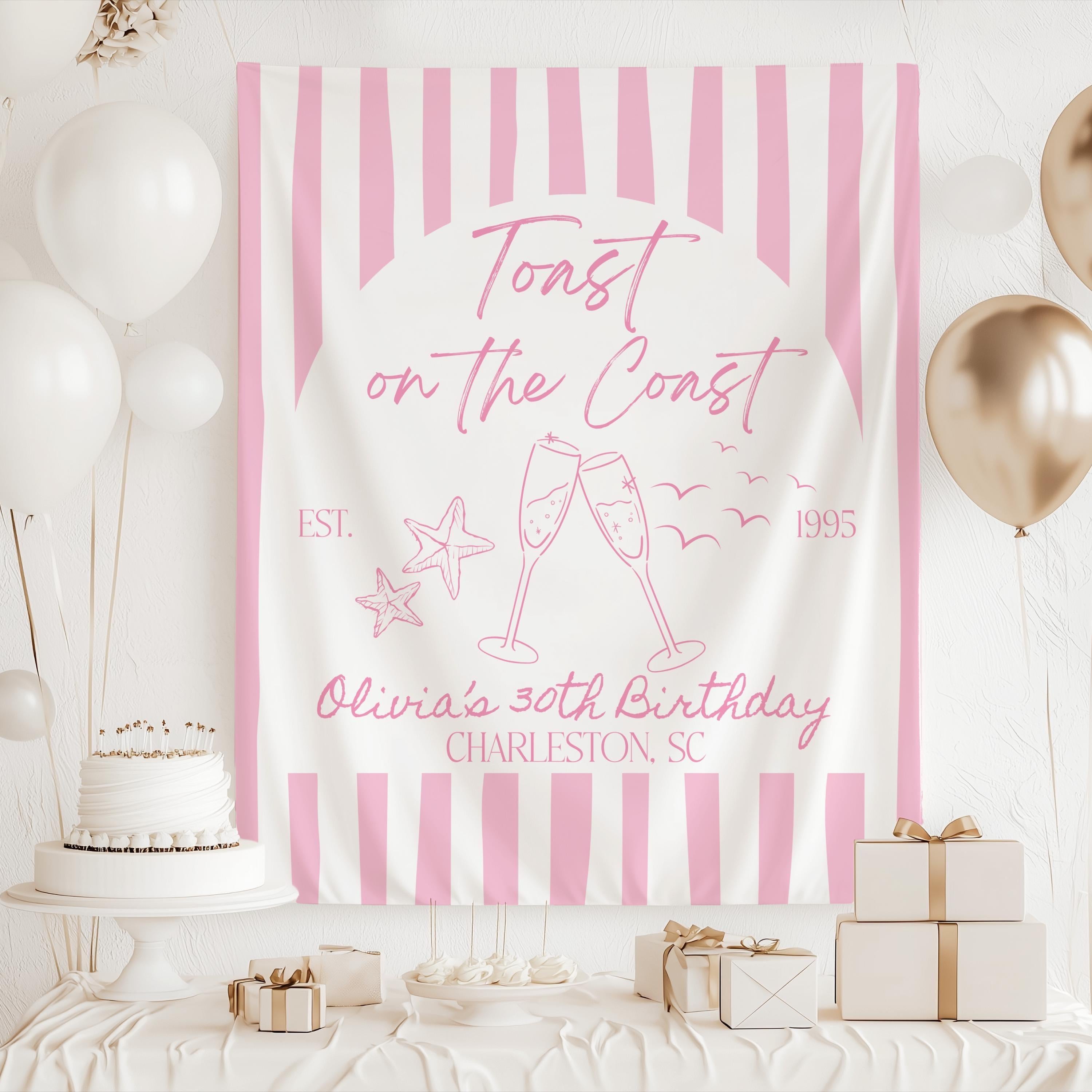 Personalized coastal birthday backdrop featuring champagne glasses starfish and seaside artwork
