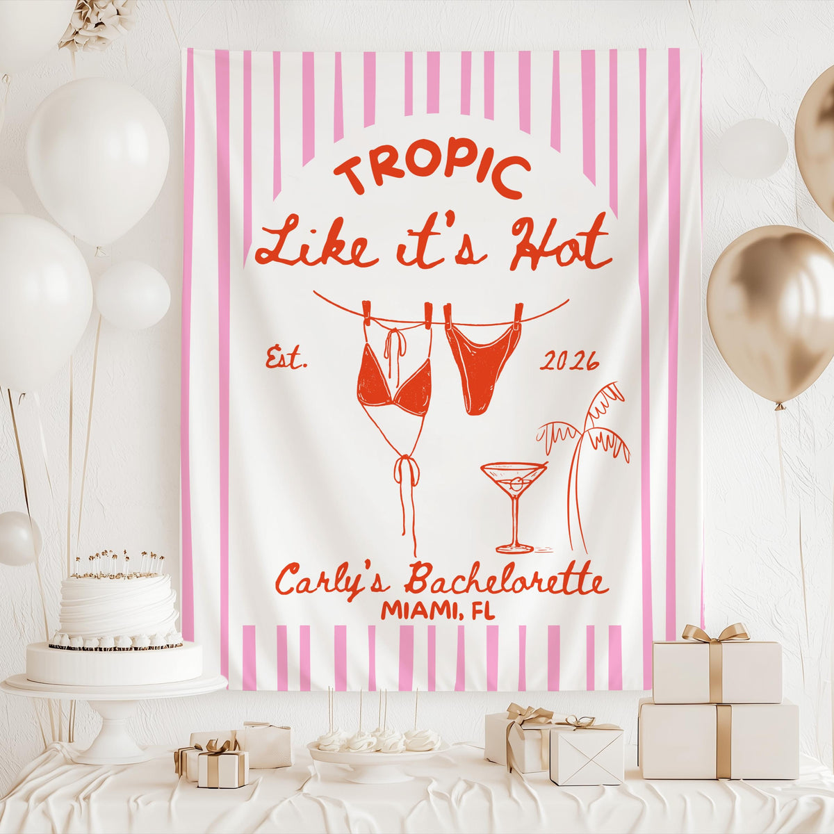 Beach bachelorette banner designed for tropical bridal weekends featuring striped decor, hanging swimsuits and personalized event details.