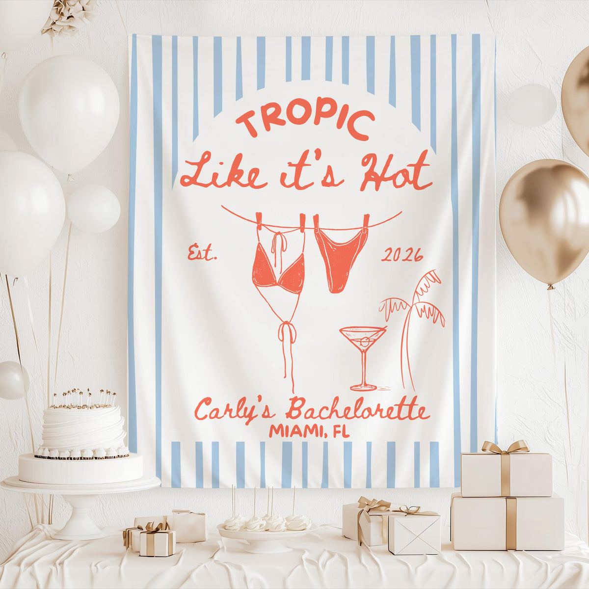 Tropical bachelorette backdrop featuring a hanging bikini clothesline illustration, palm tree graphic and personalized beach party design.