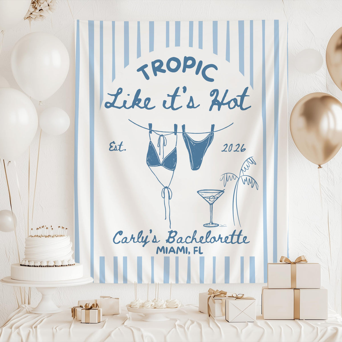 Personalized tropical bachelorette banner perfect for Miami, Cabo, Tulum, Palm Springs or destination beach bach celebrations.