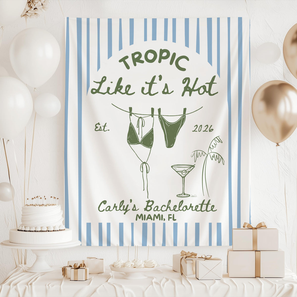 Personalized beach bachelorette party tapestry with tropical stripes, bikini illustration and cocktail inspired bridal shower decor.