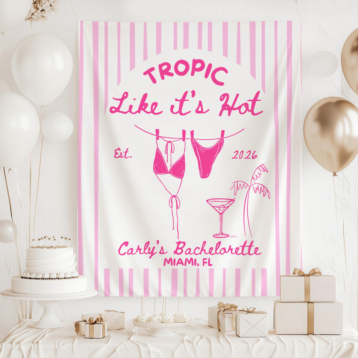 Custom tropical bachelorette party banner personalized with bride name, destination, year and beach weekend details.
