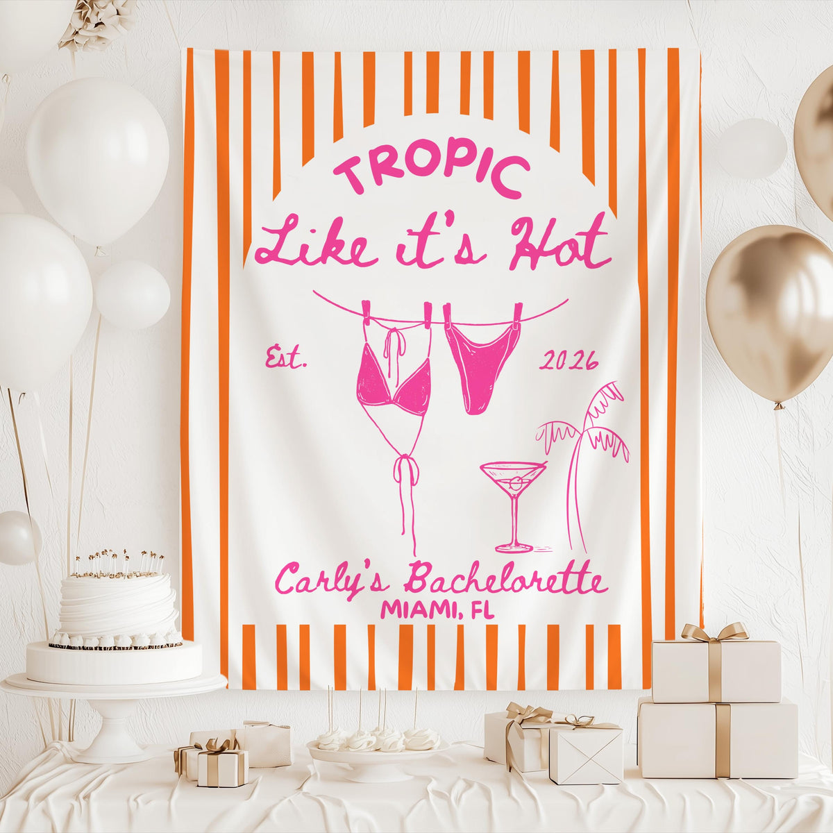 Green striped tropical bachelorette backdrop featuring hanging bikini illustrations, cocktail graphic and custom bridal party personalization.