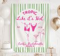 Personalized Tropic Like It's Hot bachelorette banner with striped backdrop, hanging bikini clothesline design and custom names for a tropical beach celebration.