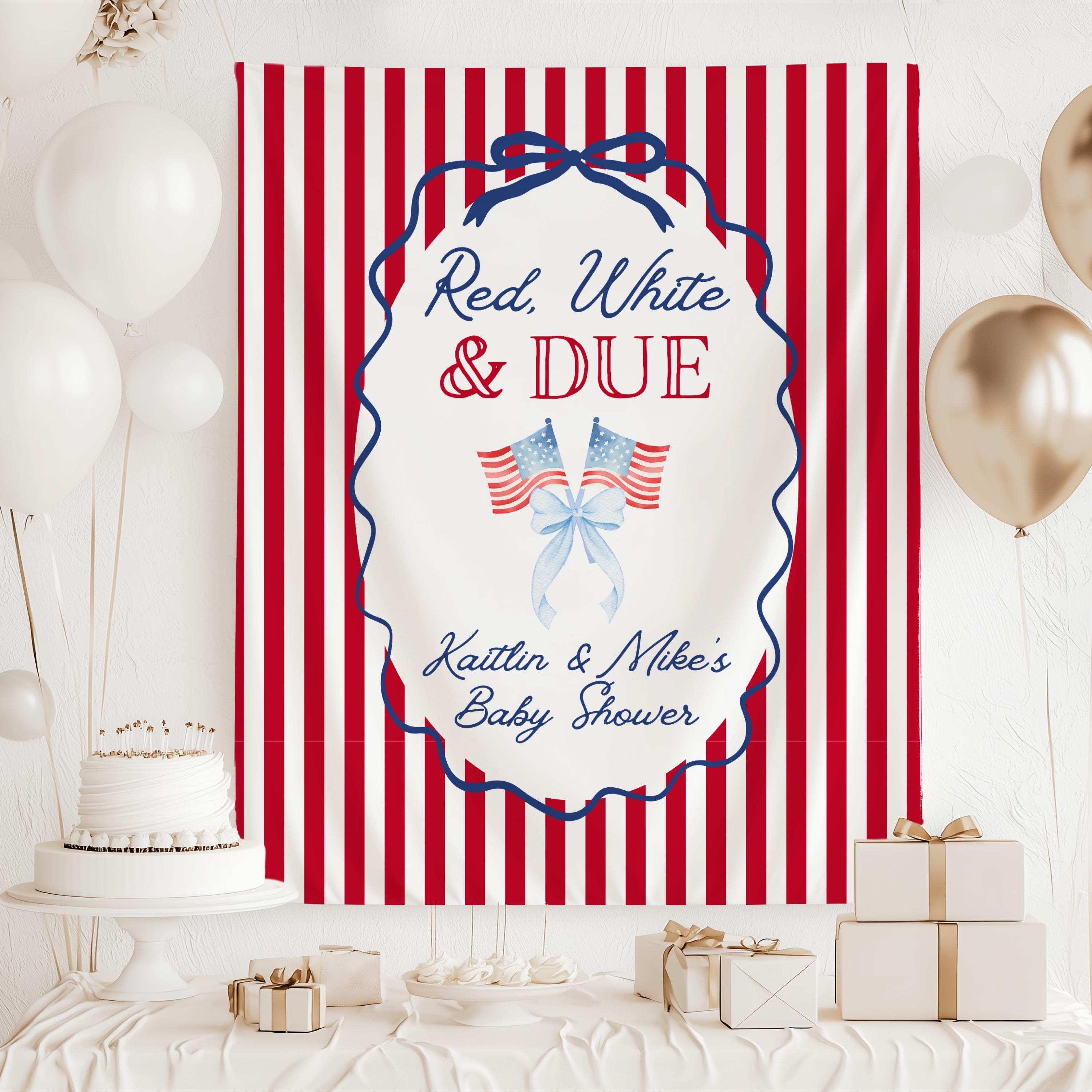 Personalized USA baby shower backdrop with patriotic bow and American flag artwork