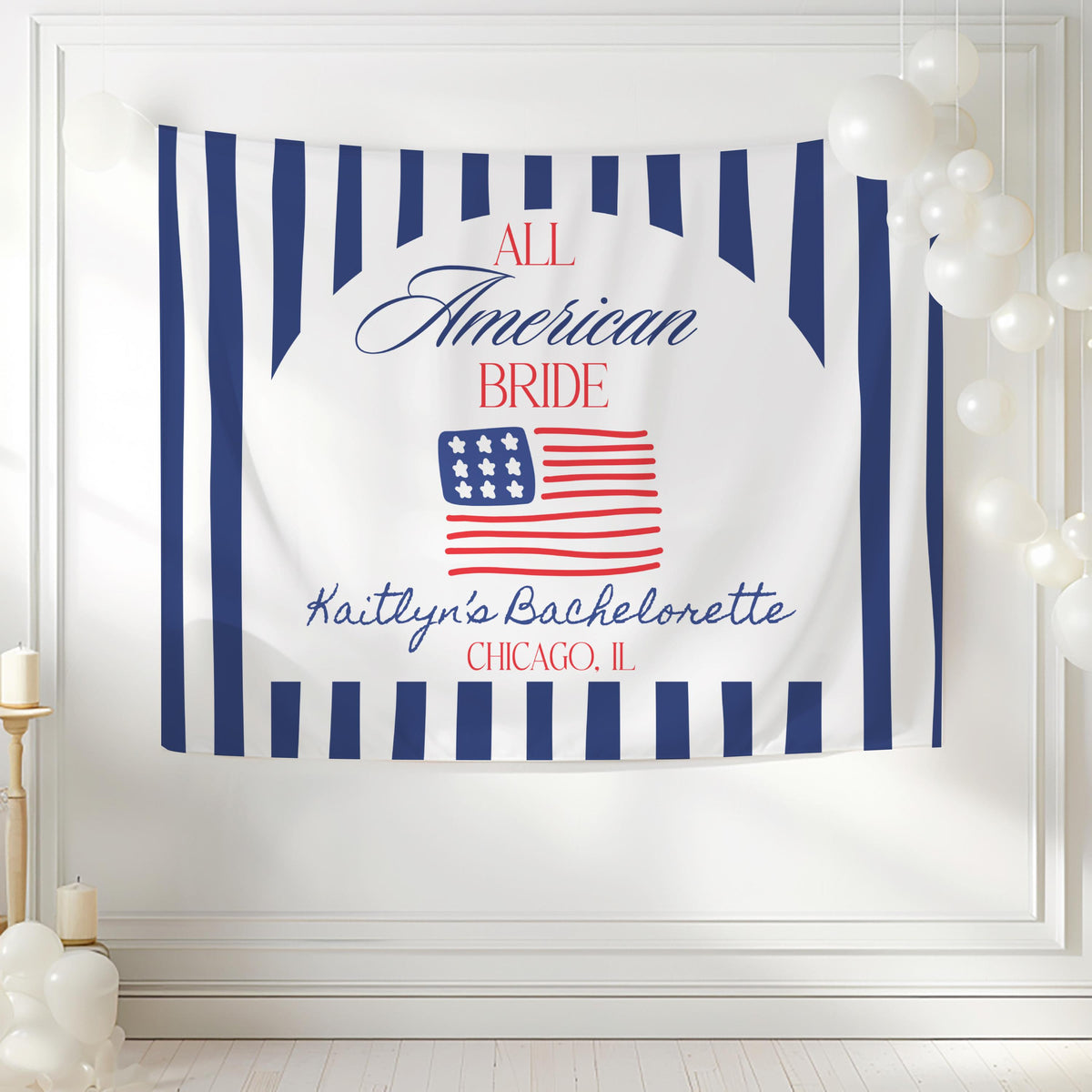 Fourth of July bachelorette party banner featuring patriotic American flag artwork and personalized details