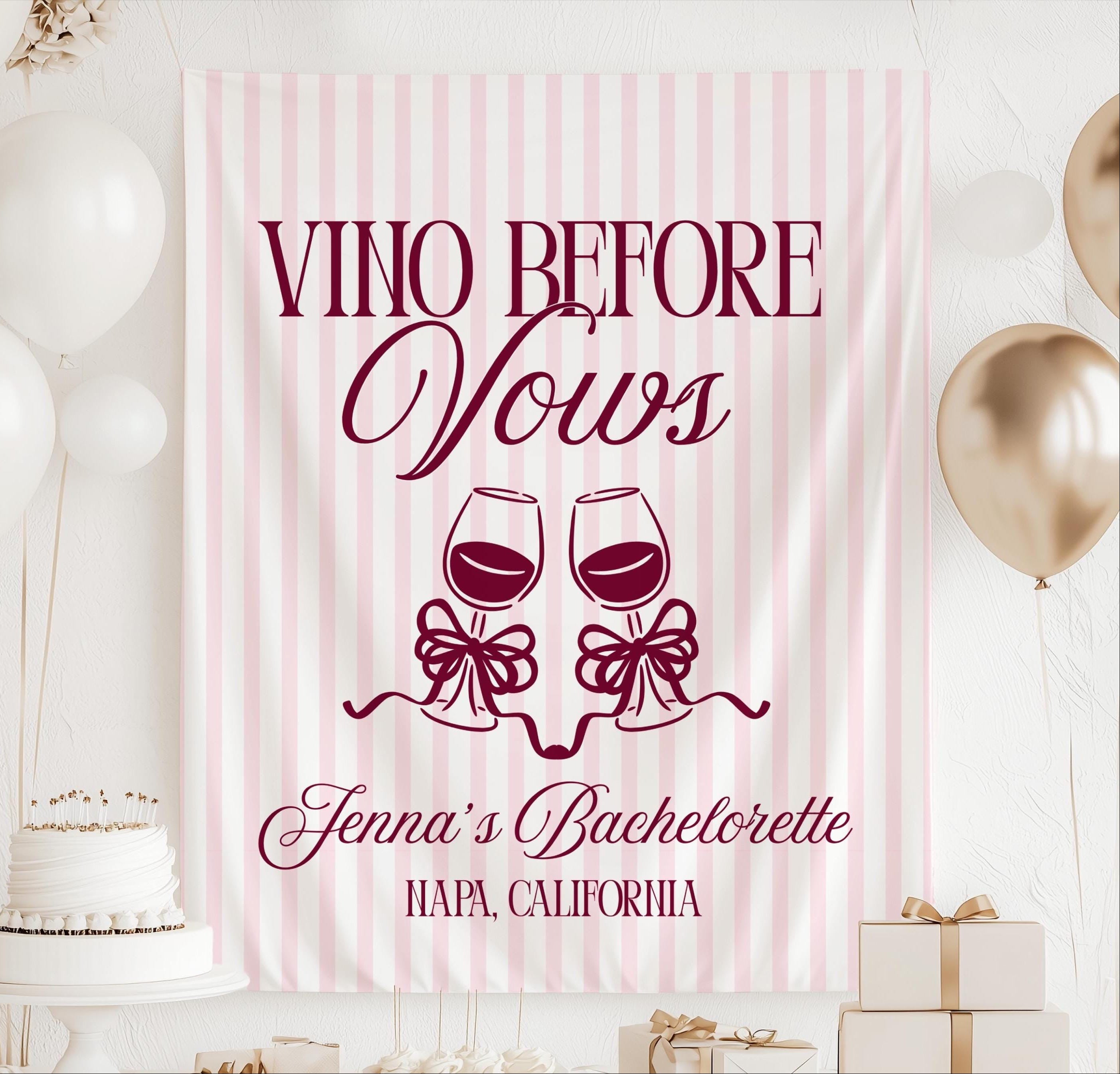 Personalized Vino Before Vows bachelorette banner with wine glasses and bows