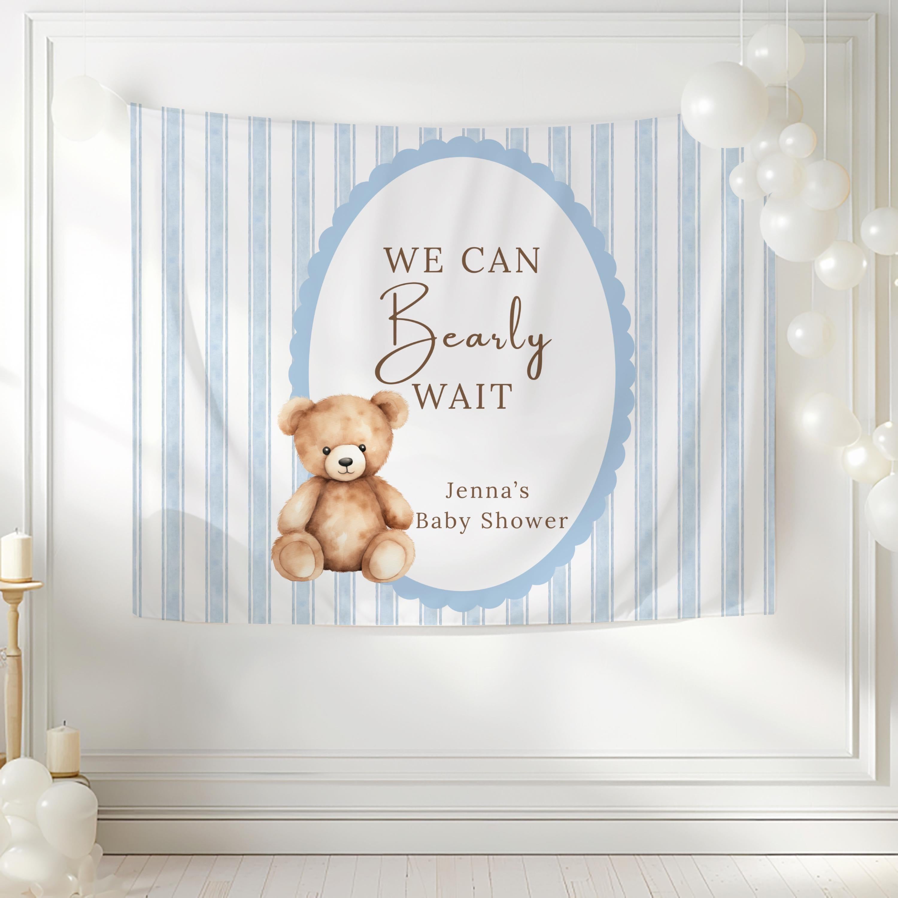 Vintage teddy bear baby shower backdrop with personalized text for a timeless baby shower theme