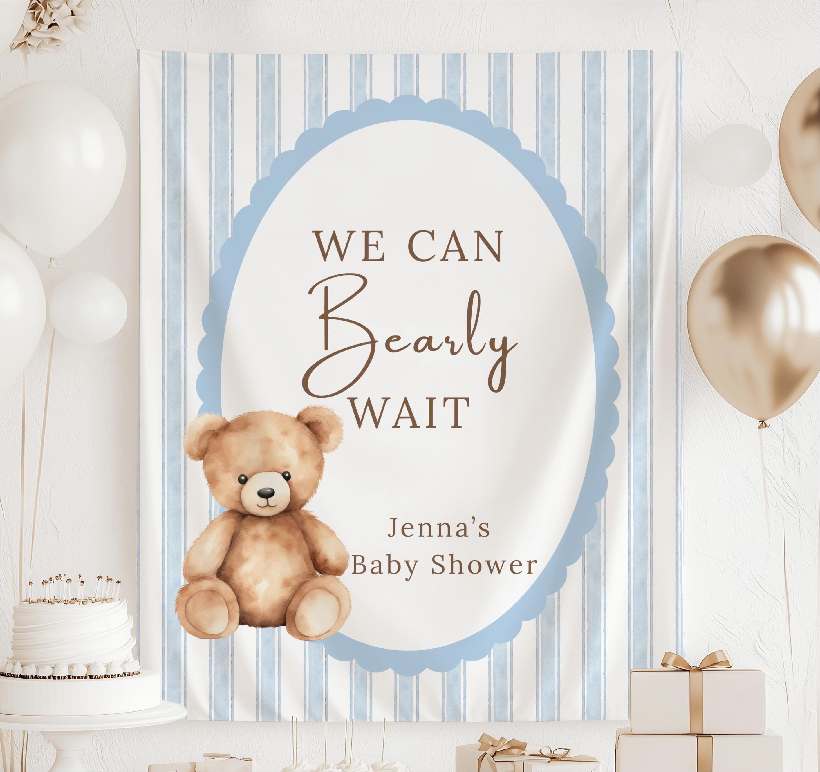 Personalized We Can Bearly Wait teddy bear baby shower banner with custom event details